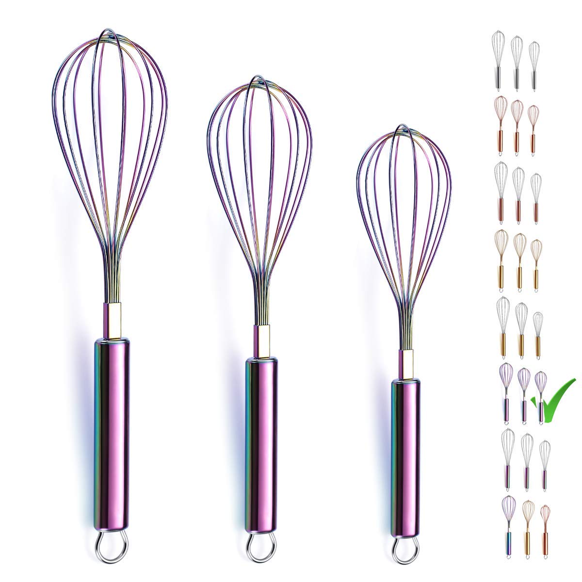 Berglander Rainbow Whisk Pack Of 3 Stainless Steel 8'',10'',12'', Titianium Plating Rainbow Whisk Colorful Whisk For Cooking, Be