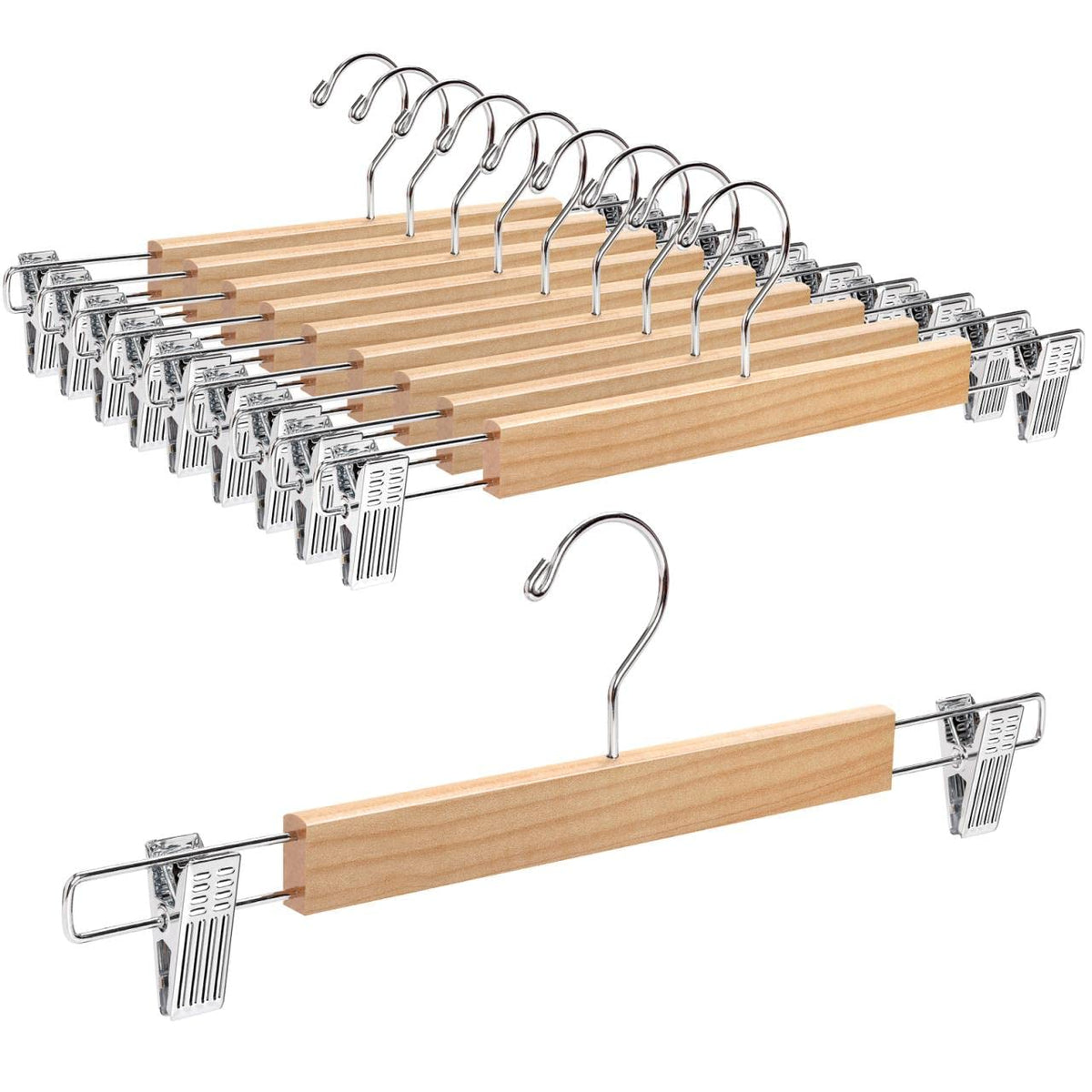Amber Home 14.17'' Solid Natural Wooden Pant Skirt Hangers 10 Pack, Bottom Hangers For Slacks Trousers Jeans With 2-Adjustable A