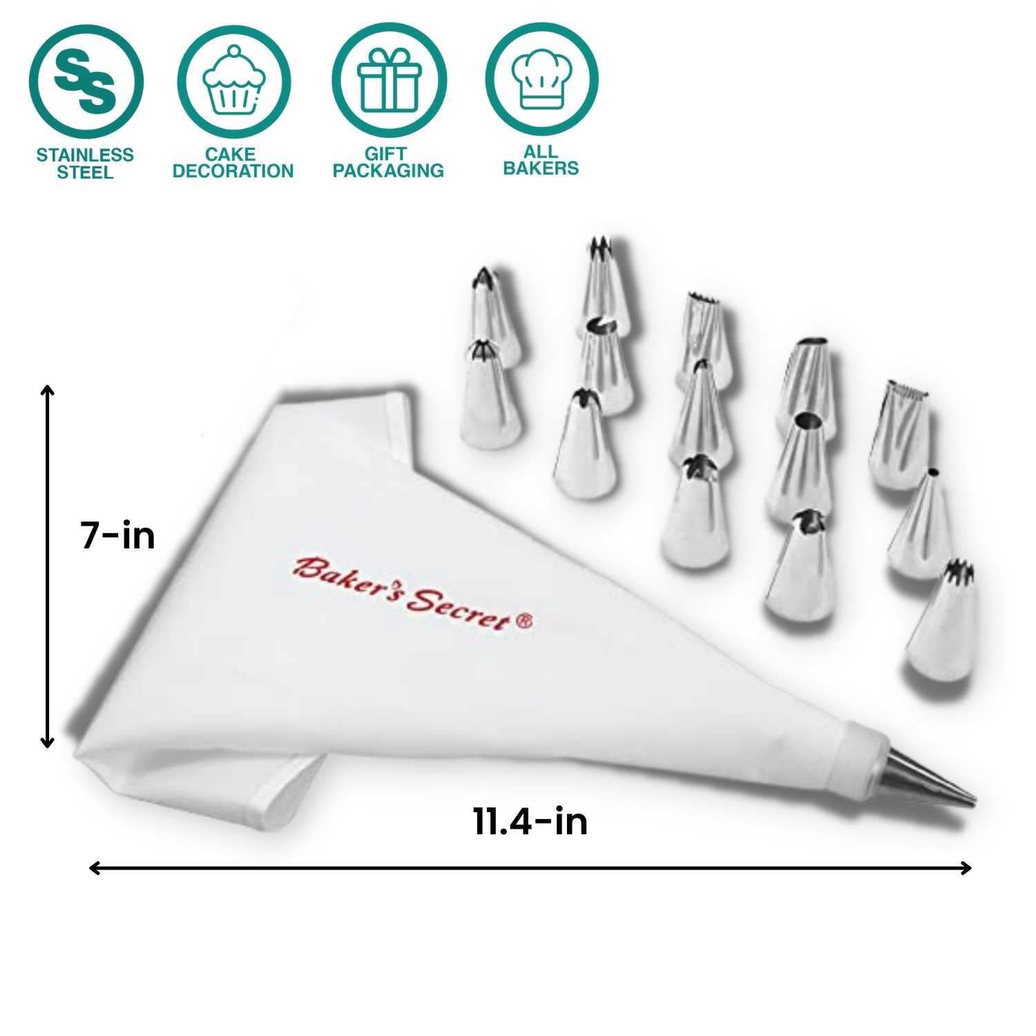 Baker'S Secret - Reusable Piping Bag And Tips Cake Decorating Supplies Kit, 16 Pieces Cake Decorating Set, Baking Kitchen Essent