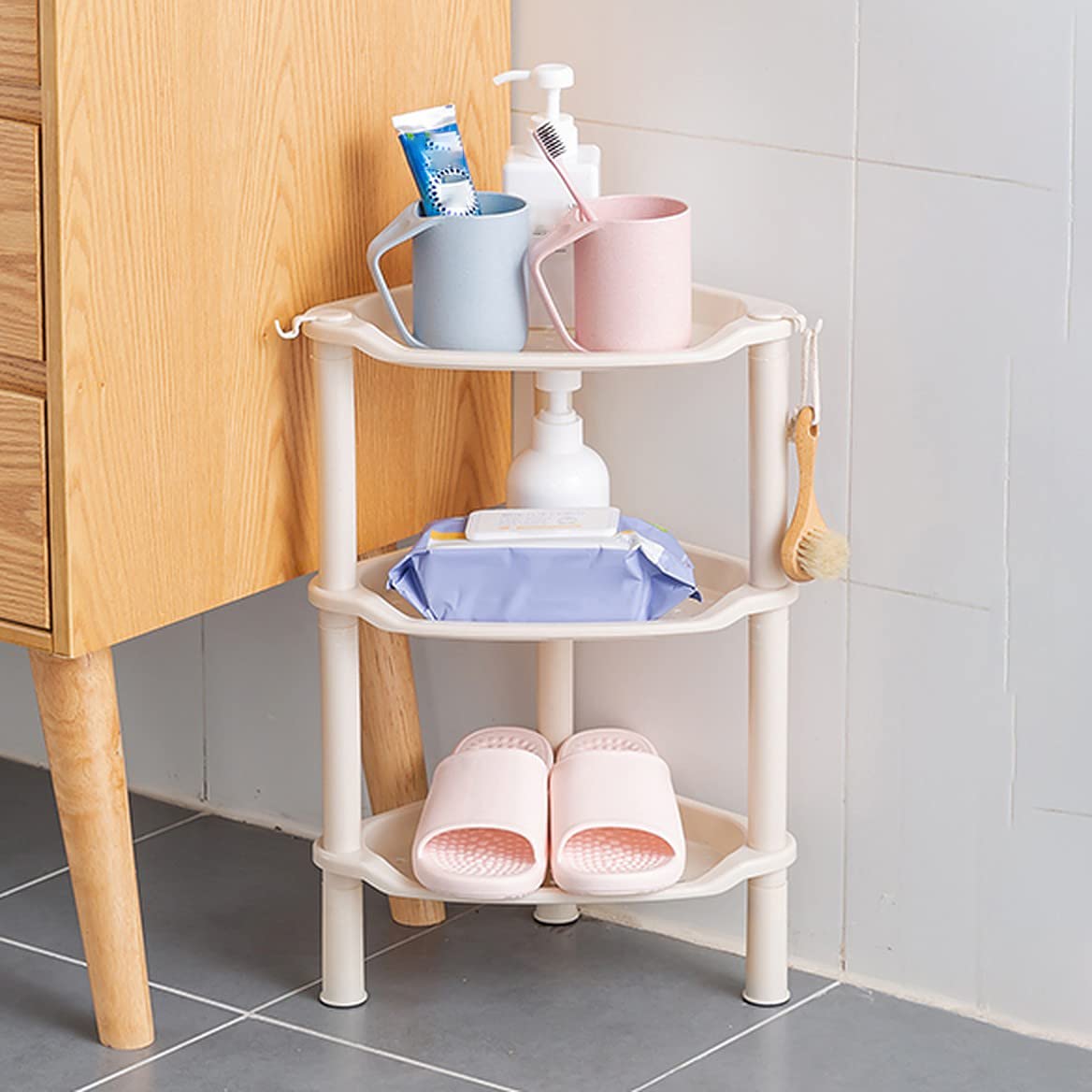 Wolpin Bathroom Shelf Stand Plastic 3 Tier Shelves With Hooks Corner Kitchen Bathroom Multipurpose Holder Bathroom Storage Rack 