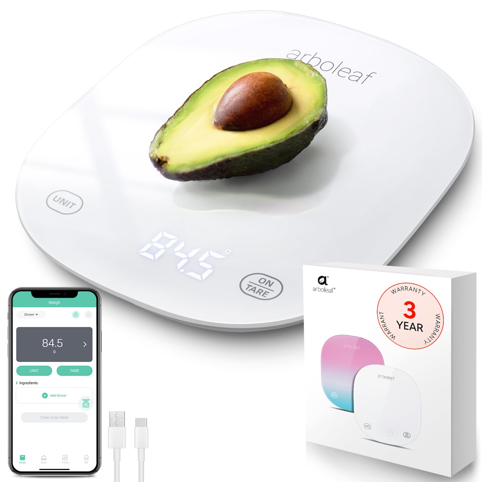 Arboleaf Smart Food Kitchen Scale, 22lb Digital Food Scale with Nutritional Calculator, USB Rechargeable, Smart Weighing with Ap