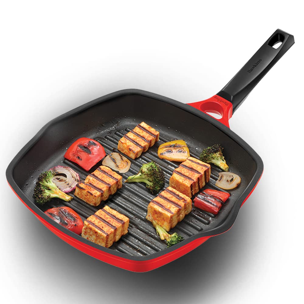 HAWKINS 30 cm Grill Pan, Non Stick Die Cast Grilling Pan, Square Grill Pan for Gas Stove, Ceramic Coated Pan, Roast Pan, Red (DC