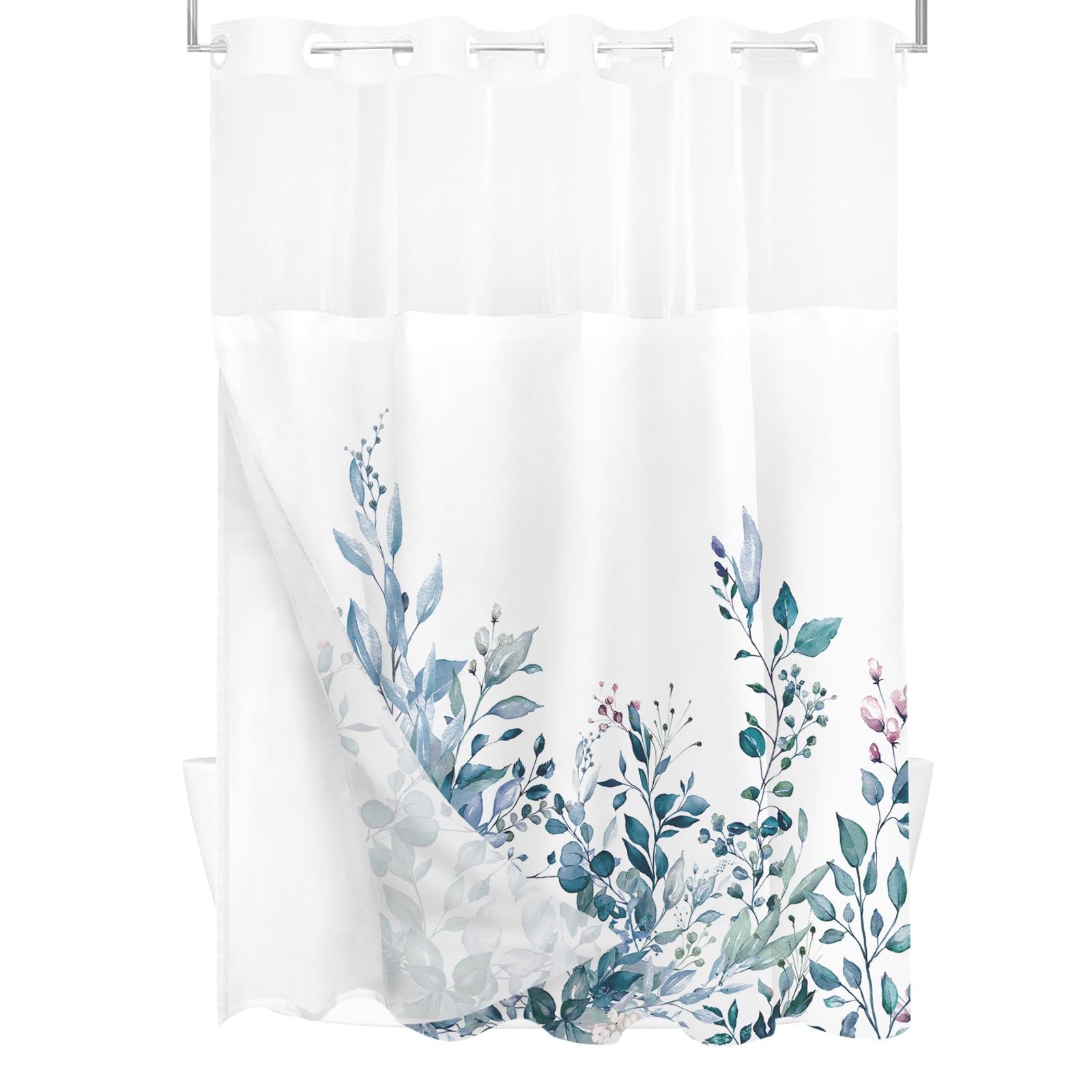 Tititex No Hooks Snap In Liner Blue Eucalyptus Leaves Shower Curtain Sets, Hotel Luxury Double Layers Waterproof Fabric & See-Th