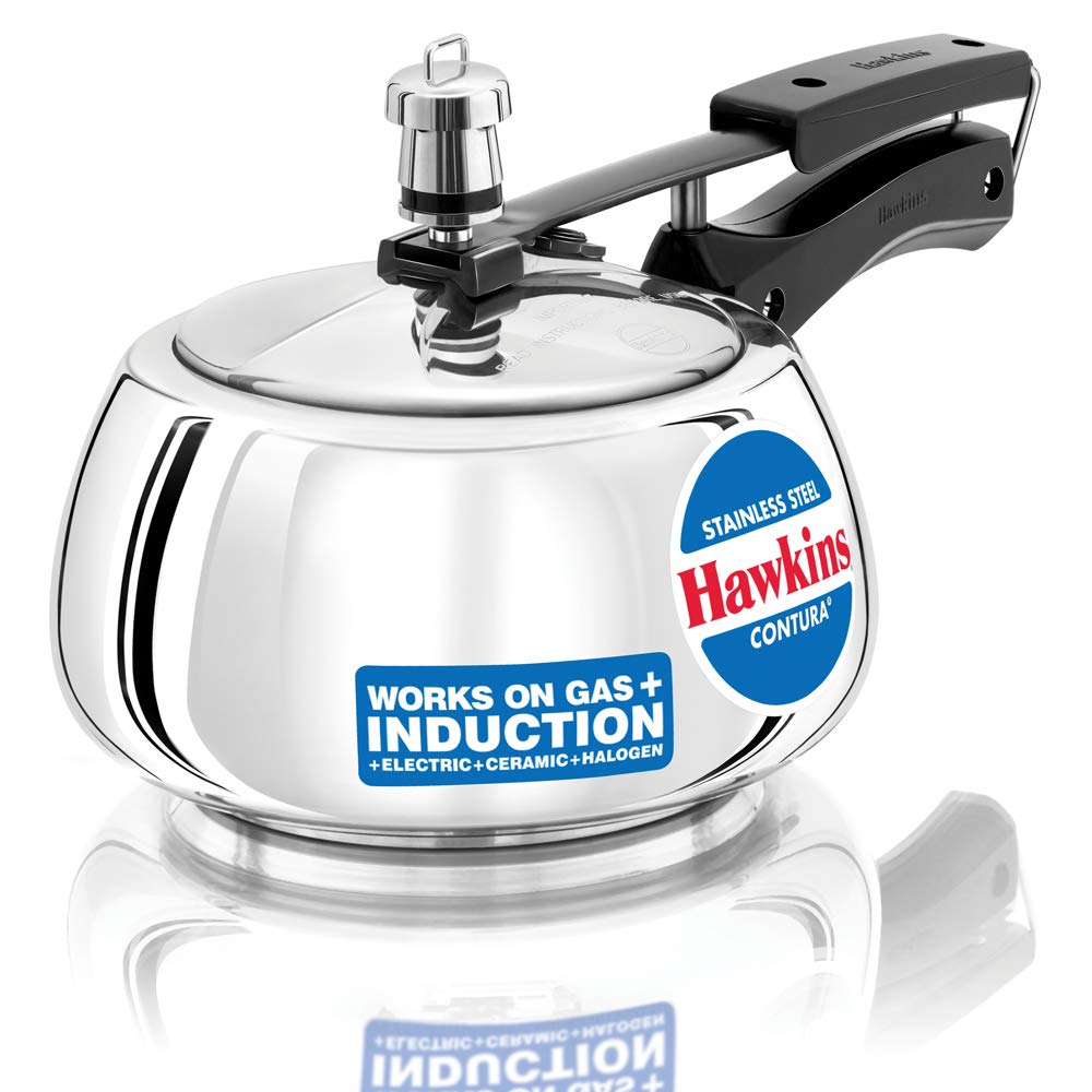 Hawkins 2 Litre Contura Pressure Cooker, Stainless Steel Inner Lid Cooker, Handi Cooker, Induction Cooker, Small Cooker, Silver 