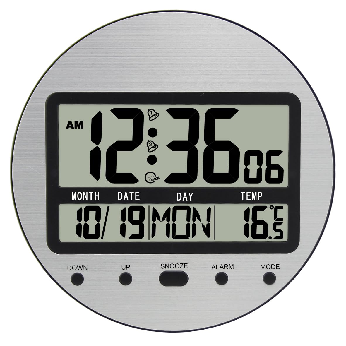 Alarllok Digital Wall Clock Battery Operated, Large Display With Temperature, Date, Day Of The Week, Seconds, Round Wall Mount D