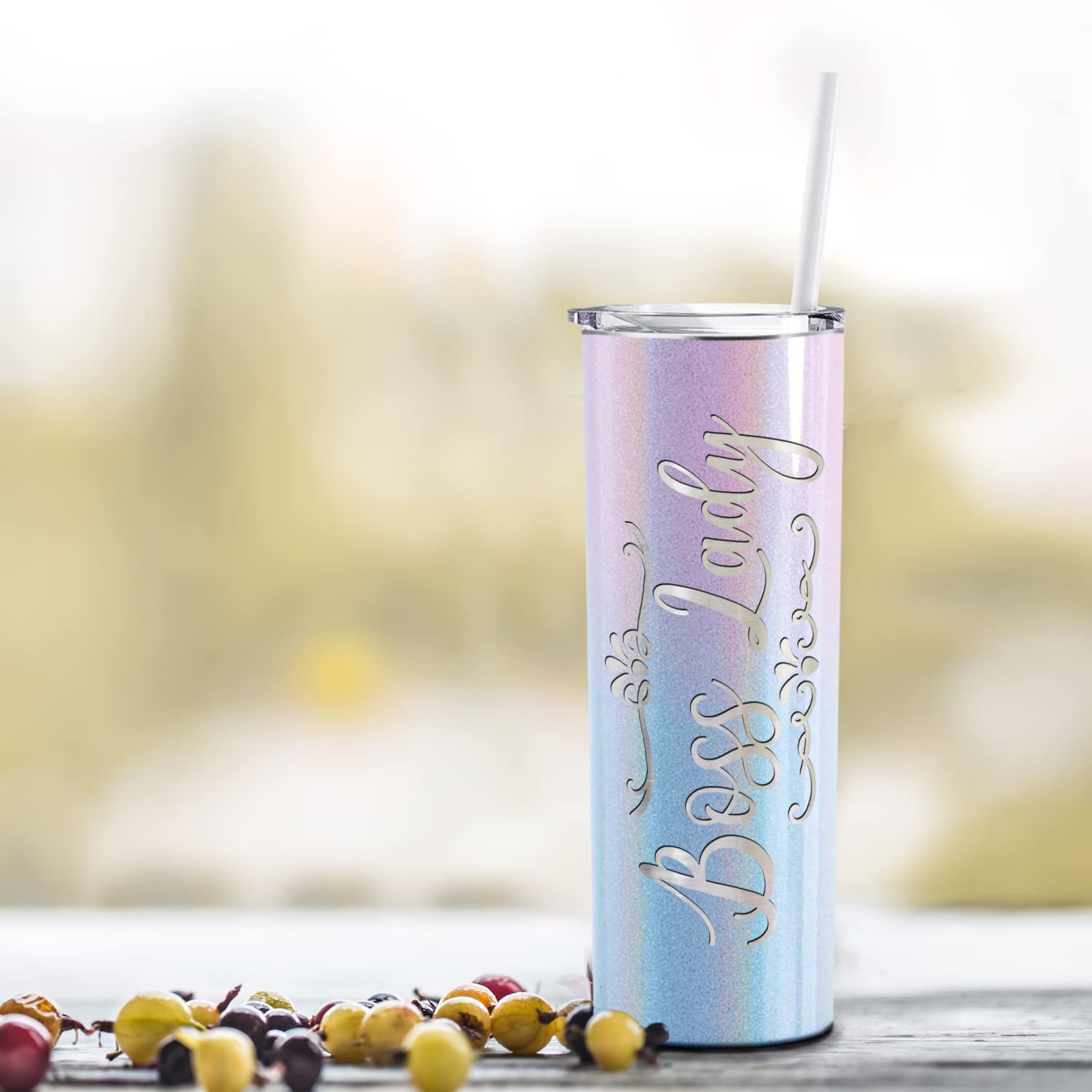Cuptify Boss Lady Skinny Tumbler With Lid And Straw Laser Engraved On Cotton Candy Glitter 20 Oz Insulated Stainless Steel Birth