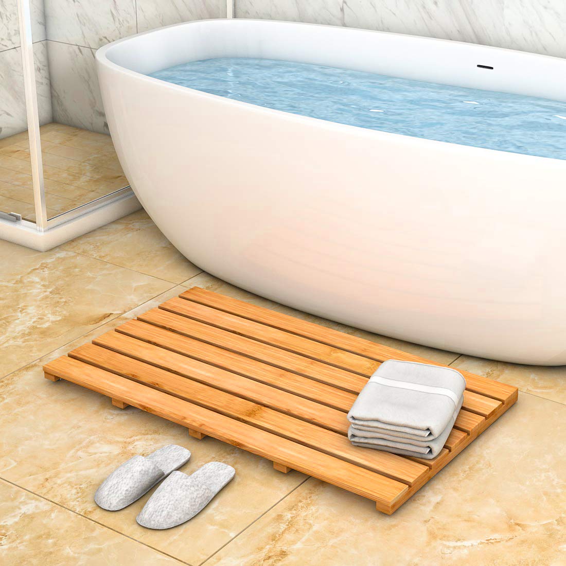 Bamboo Wooden Bath Floor Mat For Luxury Shower - Non-Slip Bathroom Waterproof Carpet For Indoor Or Outdoor Use (313 X 181 X 15 I