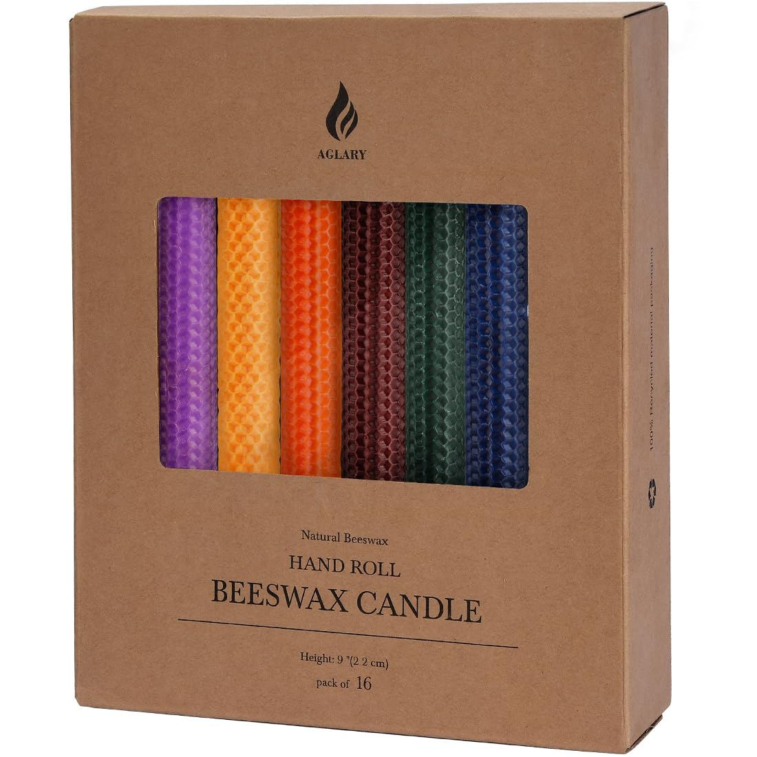 16PCS 9 Hand-Rolled Beeswax Taper Candles, Real Pure Beeswax, Handmade Honeycomb Candles, Flat Top, 8 colors