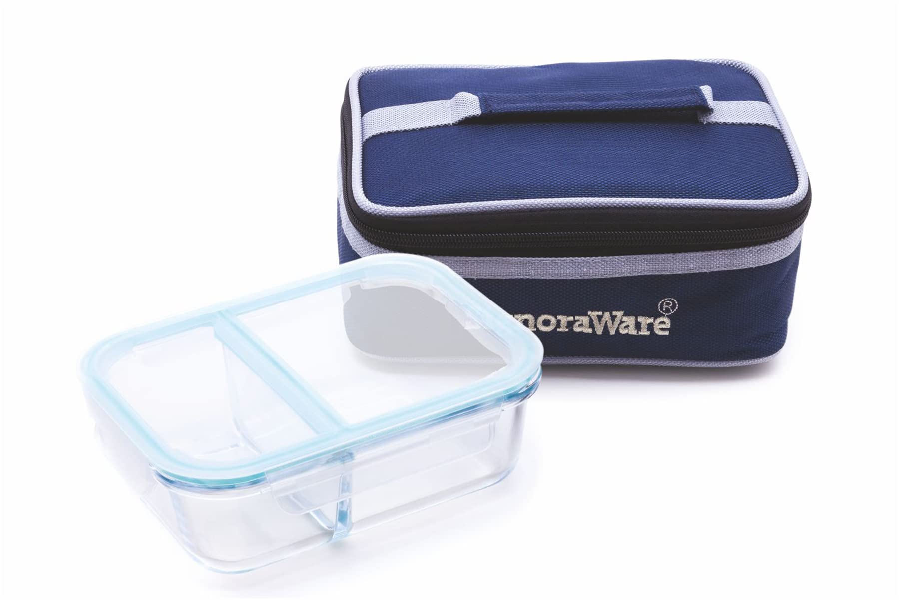 Signoraware Slim High Microwave Safe Office Two Compartment Lunch Box Set with Bag | Borosilicate Glass | Safety Lock Airtight T