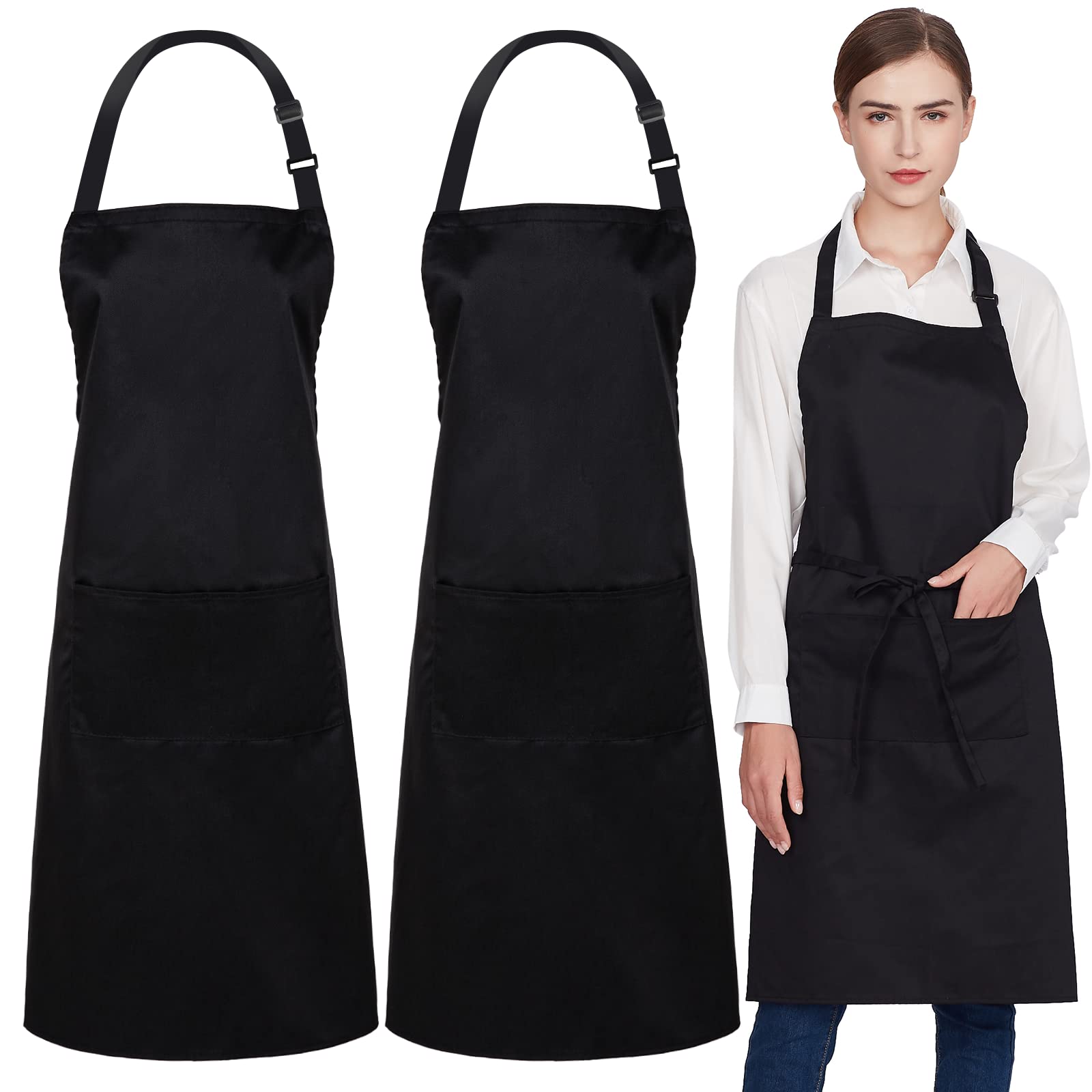 Jubatus 2 Pack 100% Cotton Aprons With 2 Pockets Cooking Chef Kitchen Adjustable Bib Apron For Women Men, Black