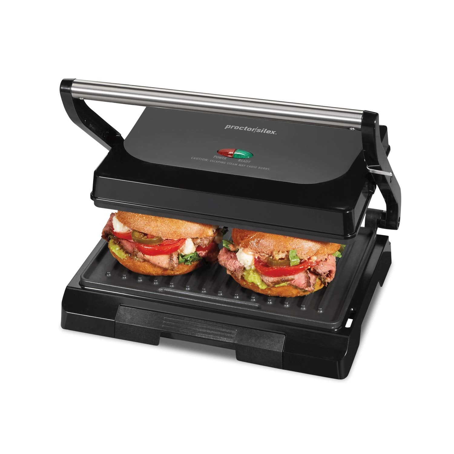 Proctor Silex Panini Press Sandwich Maker and Electric Indoor Grill, 1000 watts, Easy Clean Nonstick Grids, Compact Upright Stor