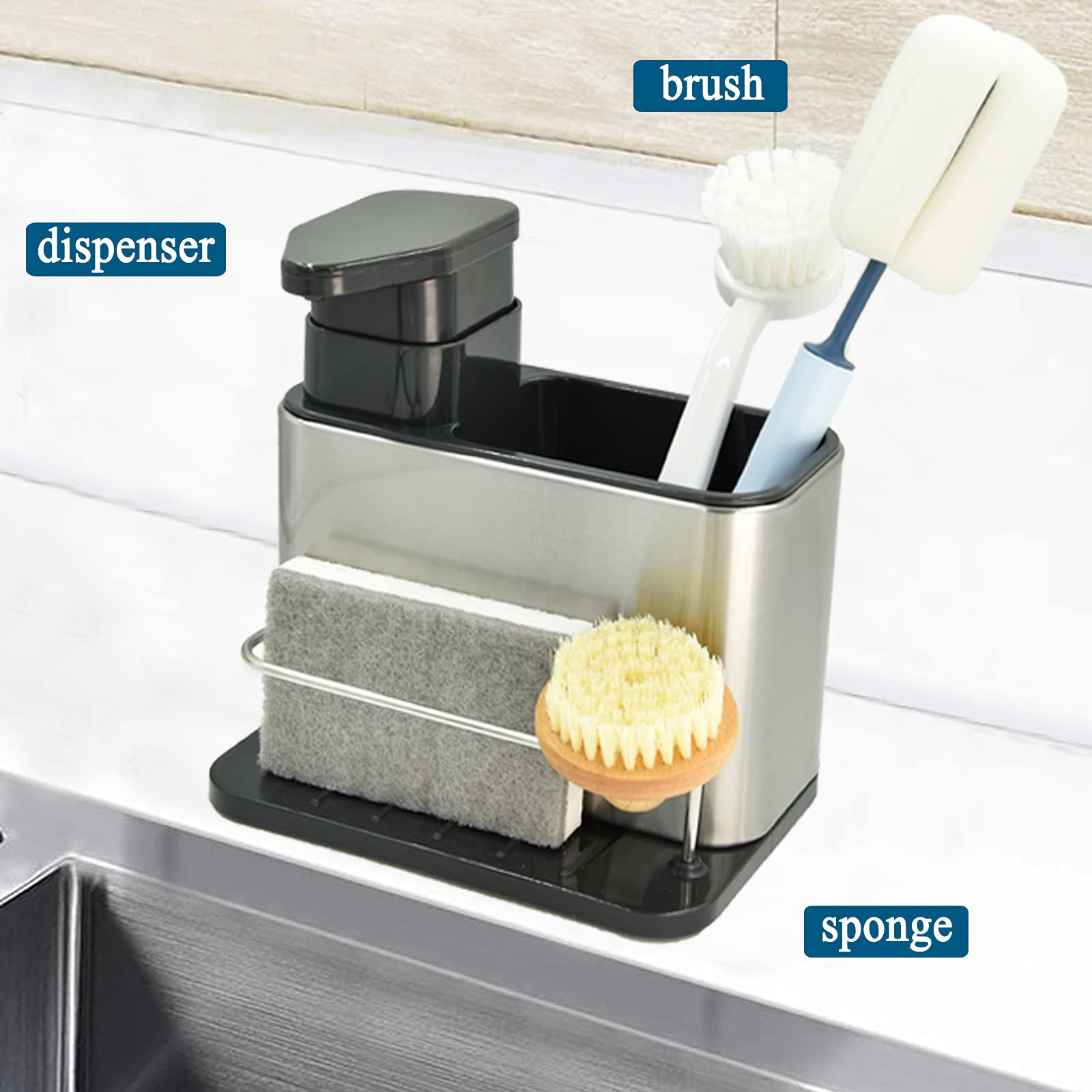 Wskc Soap Dispenser With Sponge Holder And Brush Holder, Kitchen Dish Soap Pump Sink Caddy For Countertop, Stainless Steel