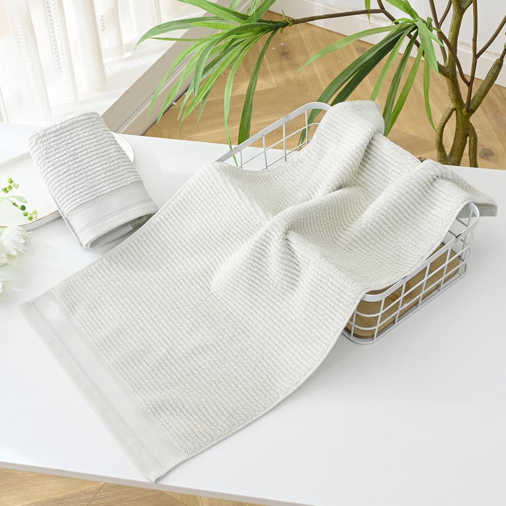 Yiluomo White Hand Towel Set Of 2 Soft Ribbed Striped Pattern 100% Cotton Absorbent Decorative Towel For Bathroom 13 X 29 Inch