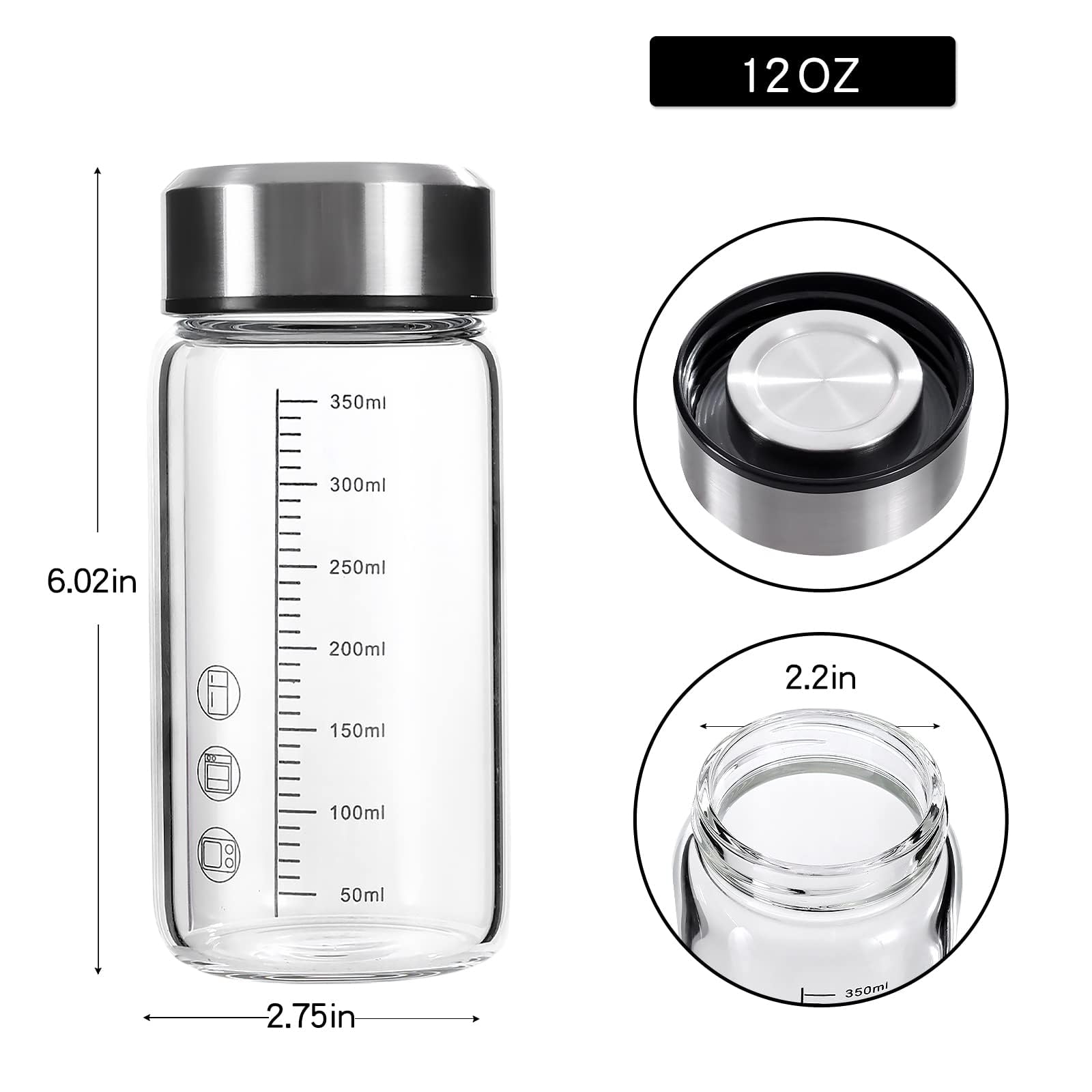 Tongrang-Life 12Oz Glass Water Bottle,Glass Shaker Bottle,0.15In/3.8Mm Thick Glass,Small Wide Mouth Glass Water Bottle With Lid,