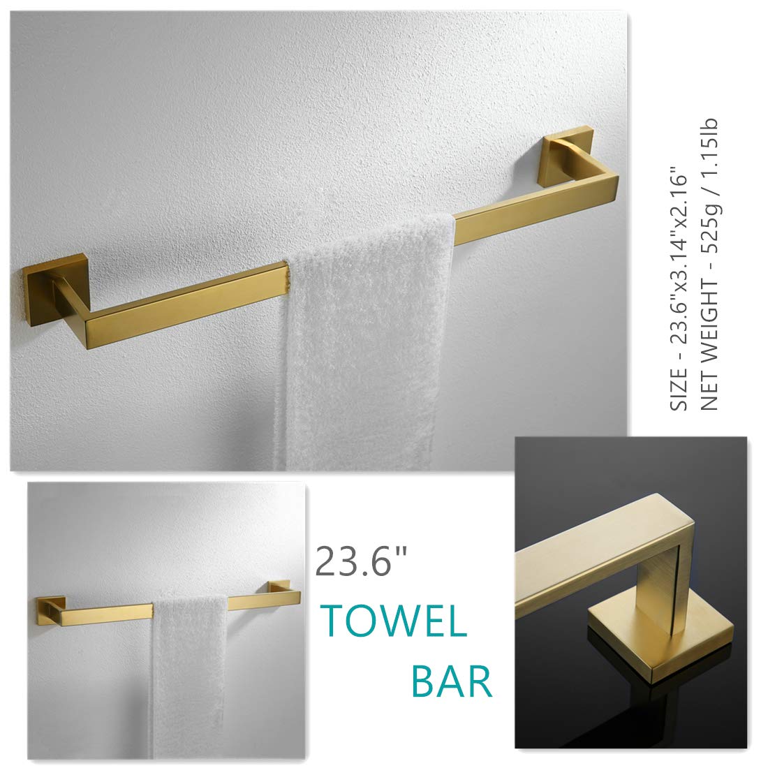 Velimax Premium Stainless Steel 4 Pieces Bathroom Hardware Accessories Set Wall Mounted Towel Bar Set, Brushed Gold, 23.6-Inch