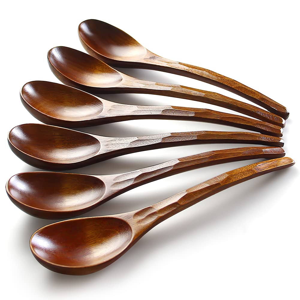 Soup Spoons,Aoosy Wooden Soup Spoons, 6 Pieces 7.84 Inches Japanese Ramen Spoons Round Nanmu Wood Long Handle Rice Dessert Cooki