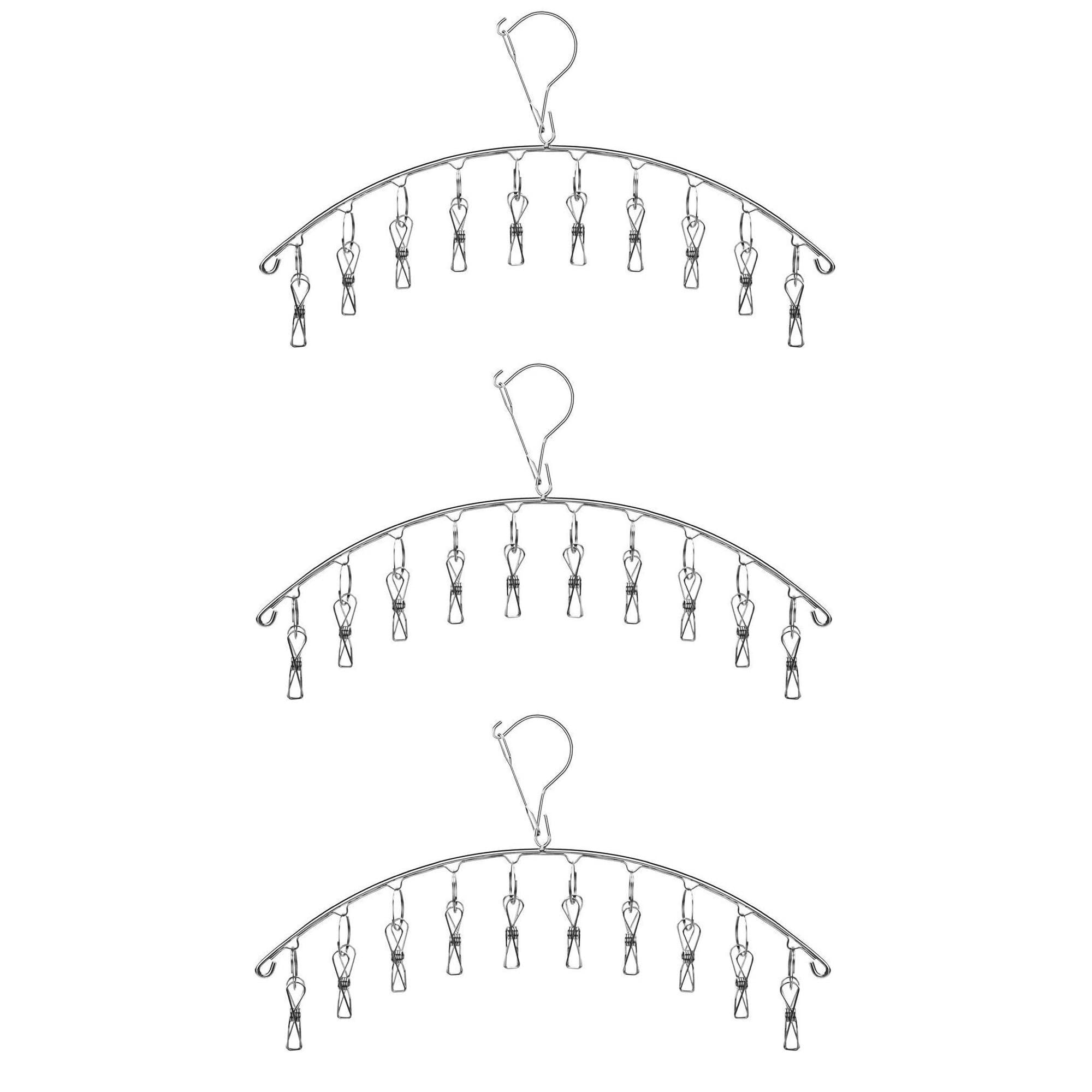 Skroad 3 Pack Stainless Steel Laundry Drying Rack Clothes Hanger With 10 Clips For Sock, Underwear And Small Item Accessory