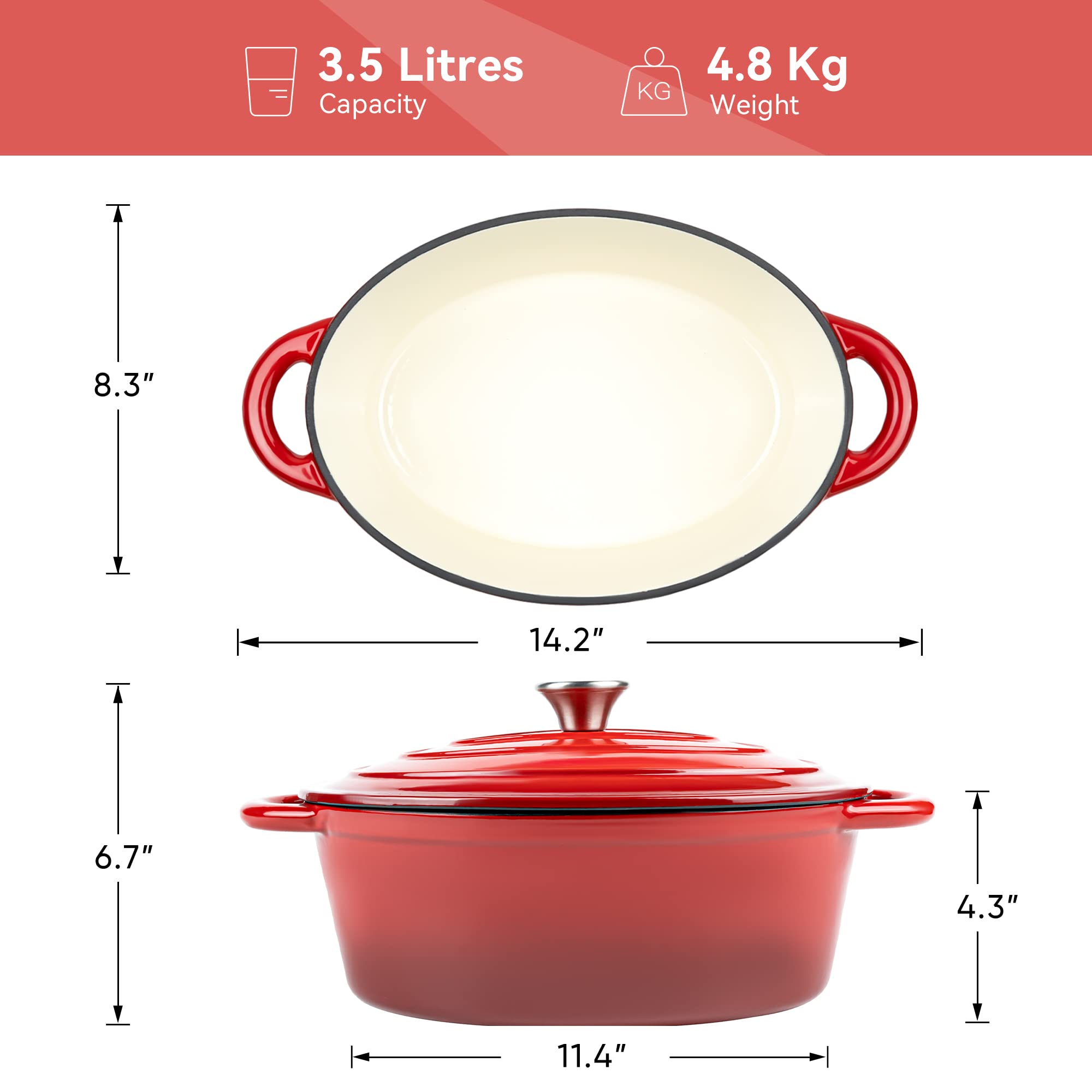 Kerilyn 4.5 Qt Enameled Oval Dutch Oven Pot With Lid And Dual Handles, Cast Iron Dutch Oven For Cooking, Bread Baking, Non-Stick