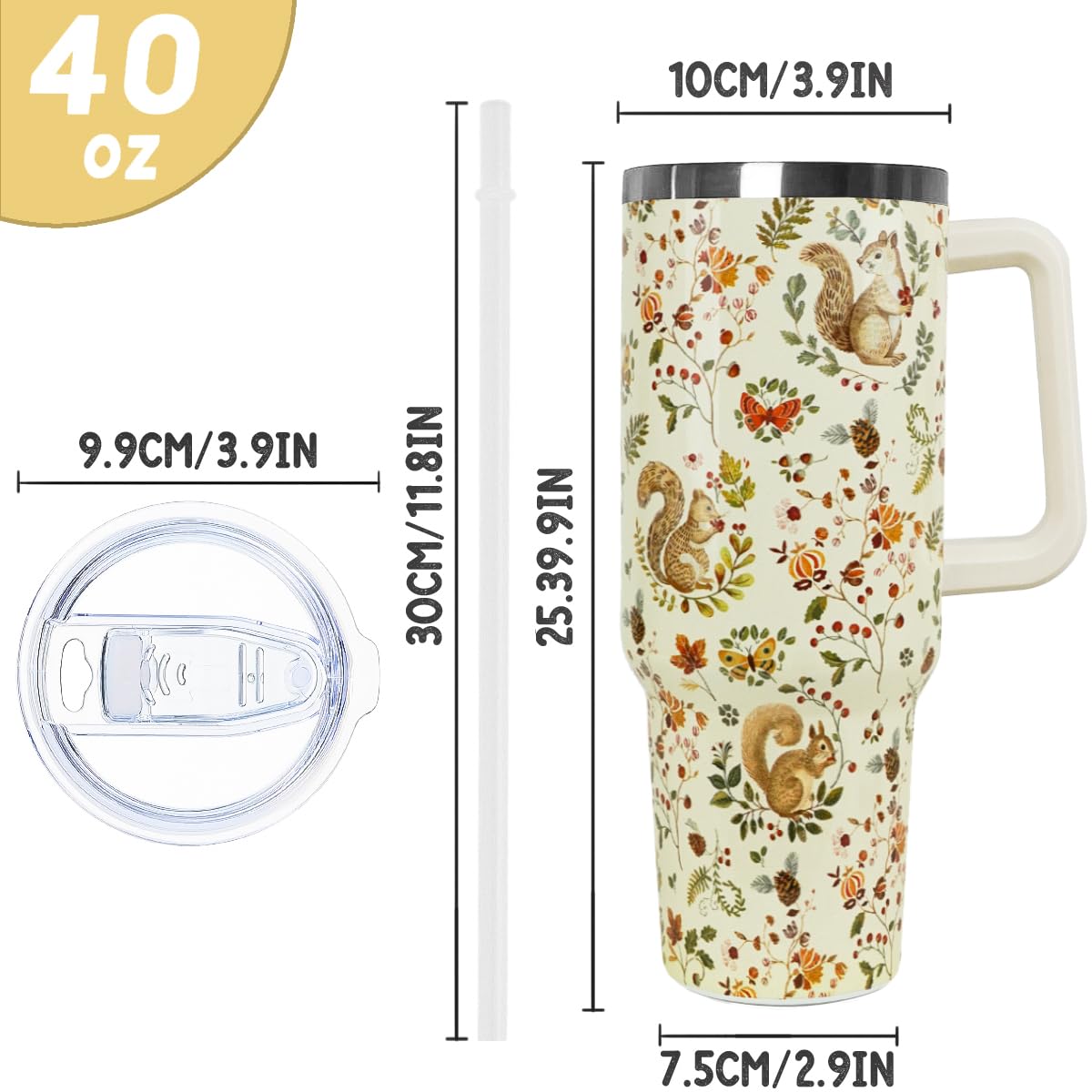 Nqhsionv Squirrel Tumbler with Handle and Straw 40 oz Squirrel Cup Fall Coffee Travel Mug Stainless Steel Insulated Water Bottle