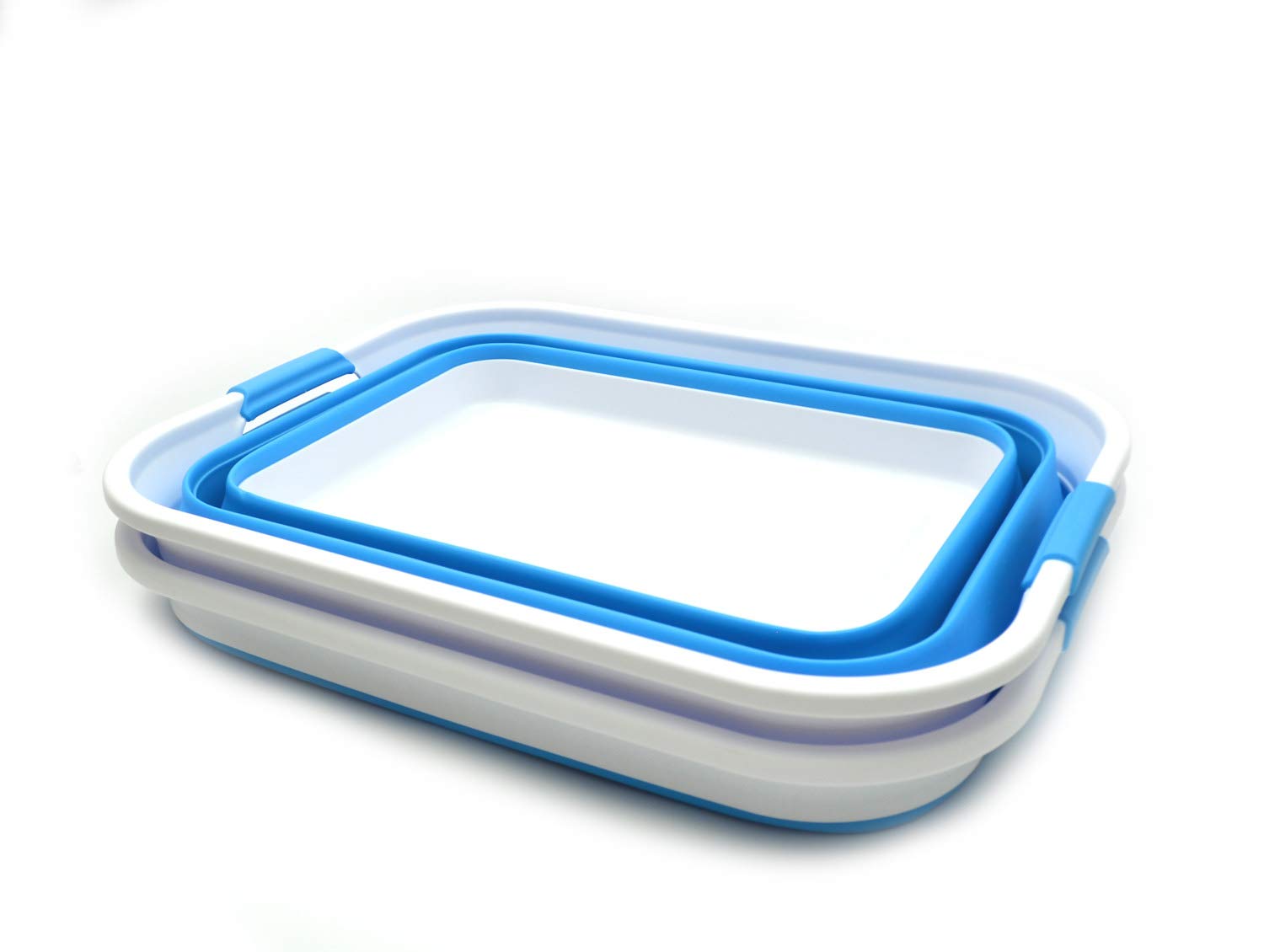 SAMMART 42L(11 gallon)Set of 2 Collapsible Plastic Laundry Basket-Foldable Pop Up Storage Container-Portable Washing Tub-Space Saving Water capacity 34L(9 gallon) (2 rectangular - stengthen  Sky Blue)