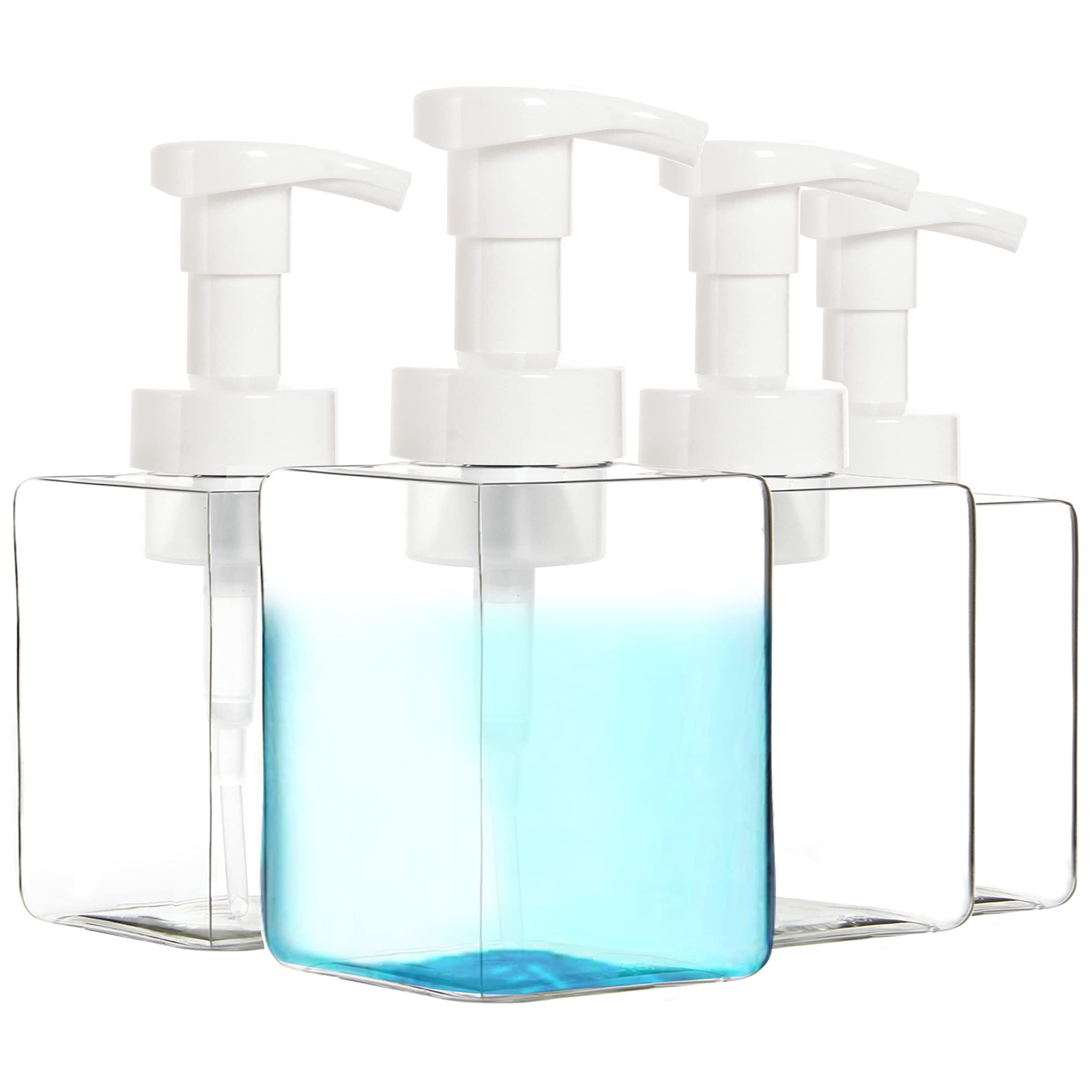 Youngever 4 Pack Clear Plastic Square Pump Bottles, Plastic Foaming Soap Dispenser, Refillable Plastic Pump Bottles With Travel