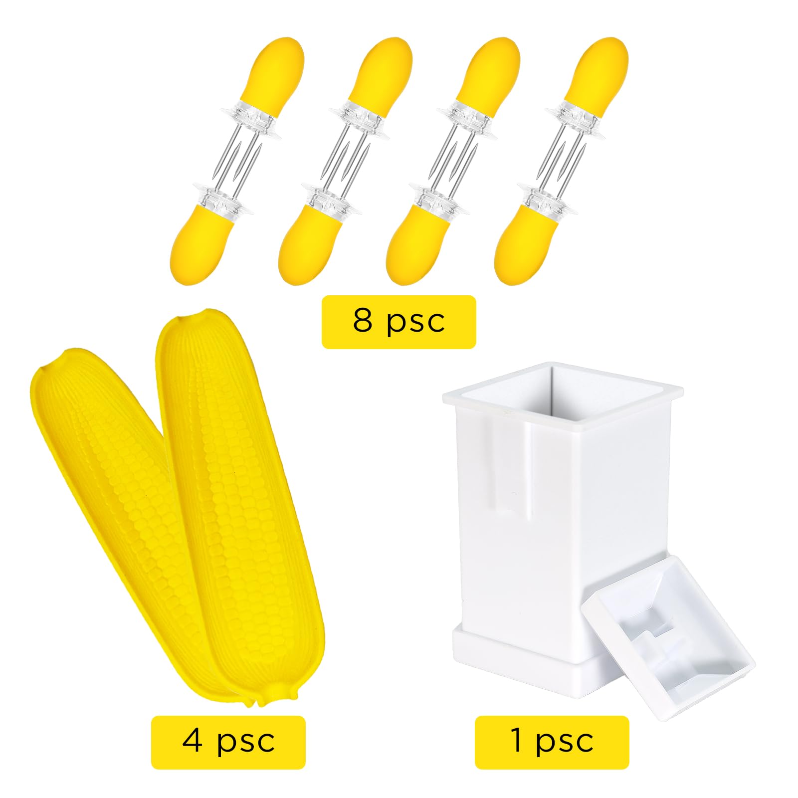 Recoil Corn Cob Holders Skewers BBQ Twin Prong Holders  Corn Dishes and Butter Spreader Set Kits  Includes 8 Corn Cob Holders  4 Corn Dishes and Butter Spreader