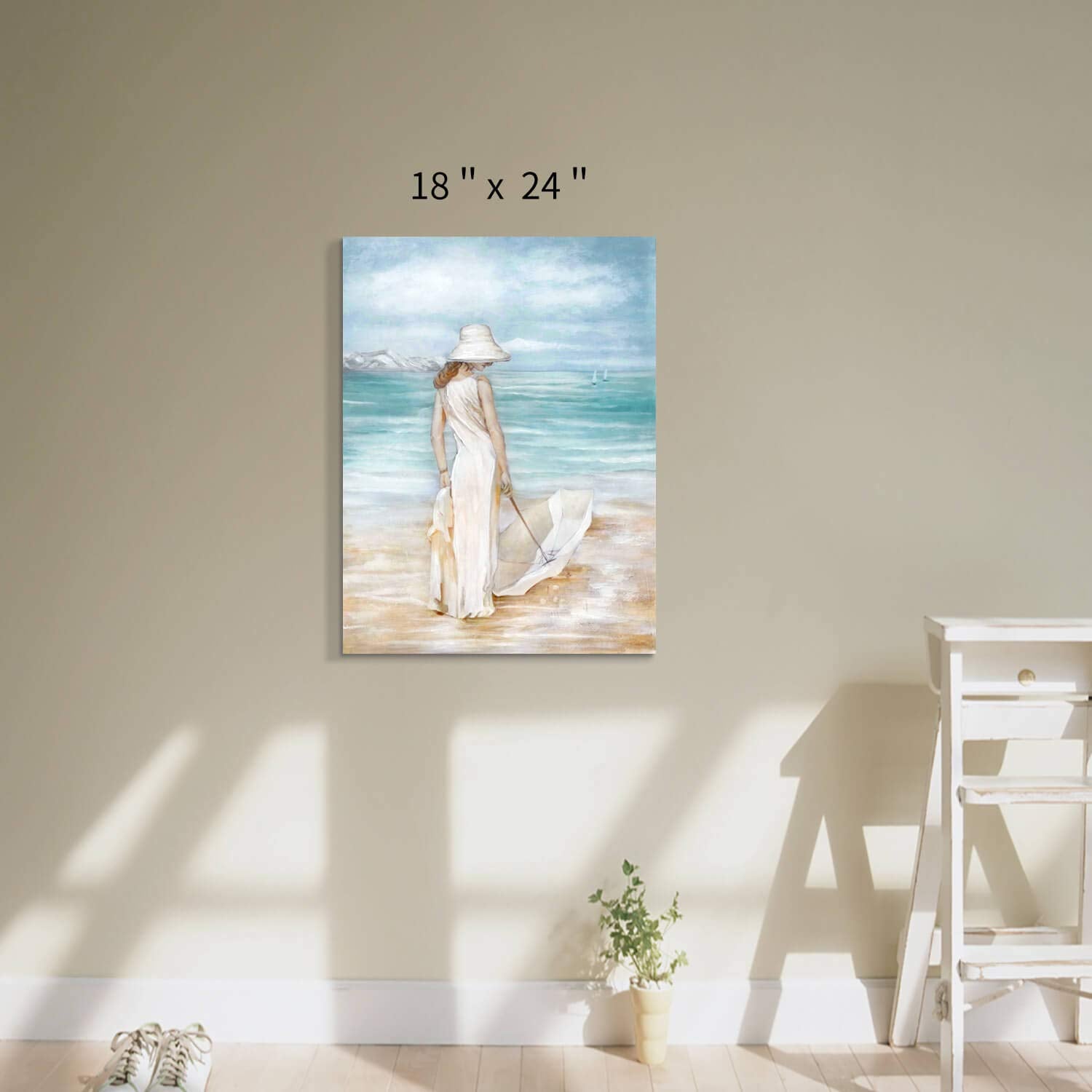 Abstract Beach Artwork Ocean Picture: Modern Women With Umbrella Sea Print Coastal Wall Art On Canvas For Bedroom (24    X 18