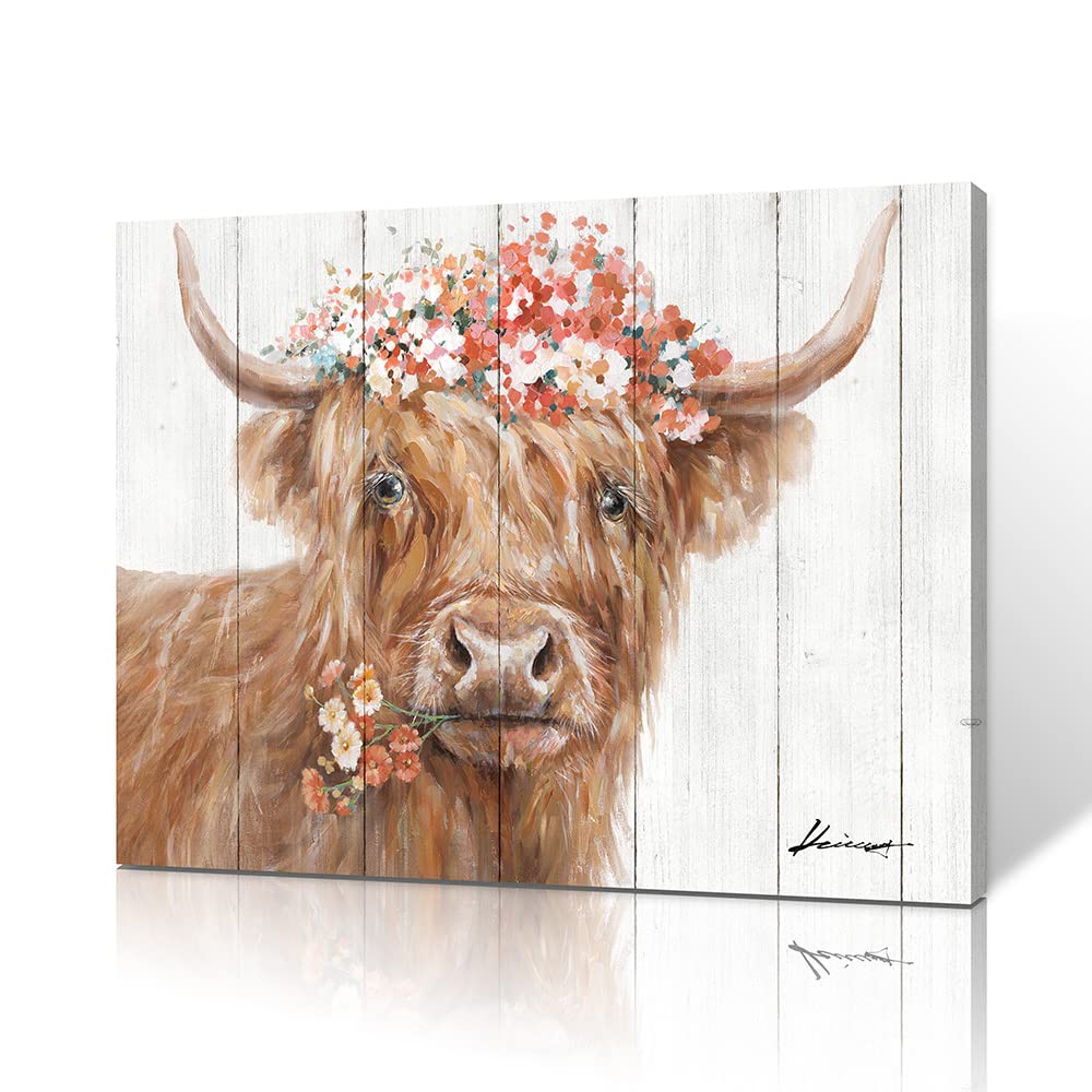 Yidepot Highland Cow Decor For Farmhouse: Retro Scottish Calf Pictures Hold Flowers Inspirational Quote Canvas Wall Art For Boy'