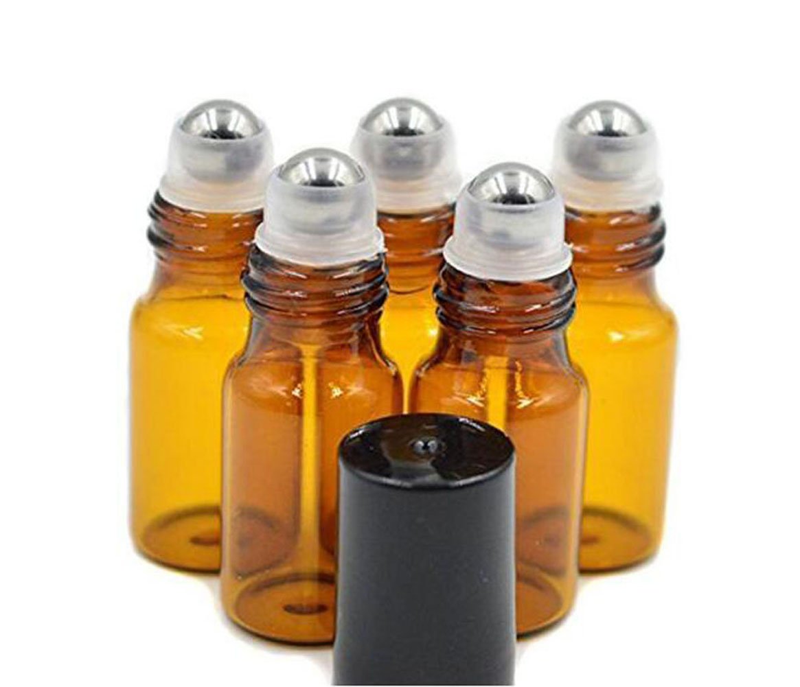 24PCS 5ml Amber Glass Rollon Bottles Refillable Roller Bottle Vial Container Holder Pot Jar with Stainless Steel Roller Balls a