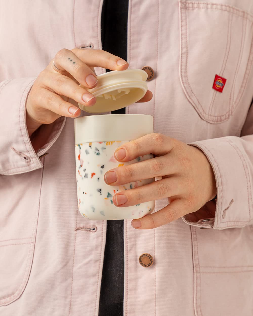 W&P Porter Ceramic Mug W/ Protective Silicone Sleeve, Terrazzo Cream 12 Ounces | On-The-Go | Reusable Cup For Coffee Or Tea | Po