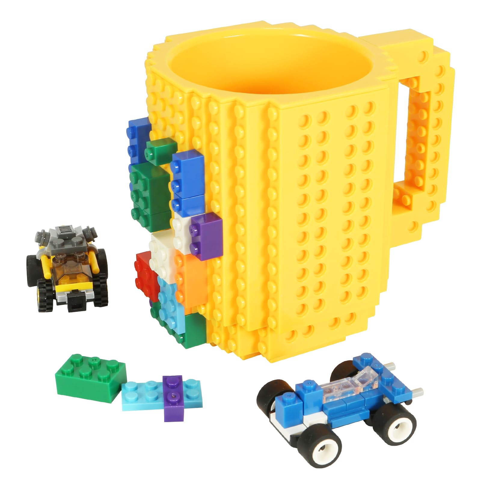 Lumsburry Build-on Brick Coffee Mug, Funny DIY Novelty Cup with Building Blocks Creative for Kids Men Women Xmas Birthday (Yello
