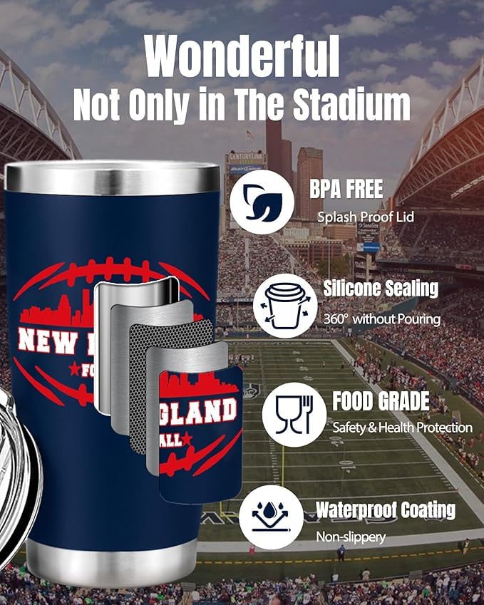 Football Fan 20 Oz Insulated Travel Coffee Cup Mug Tumbler with Lid England Themed Merch Shop Men Women Sport Stuff Gear Patriot