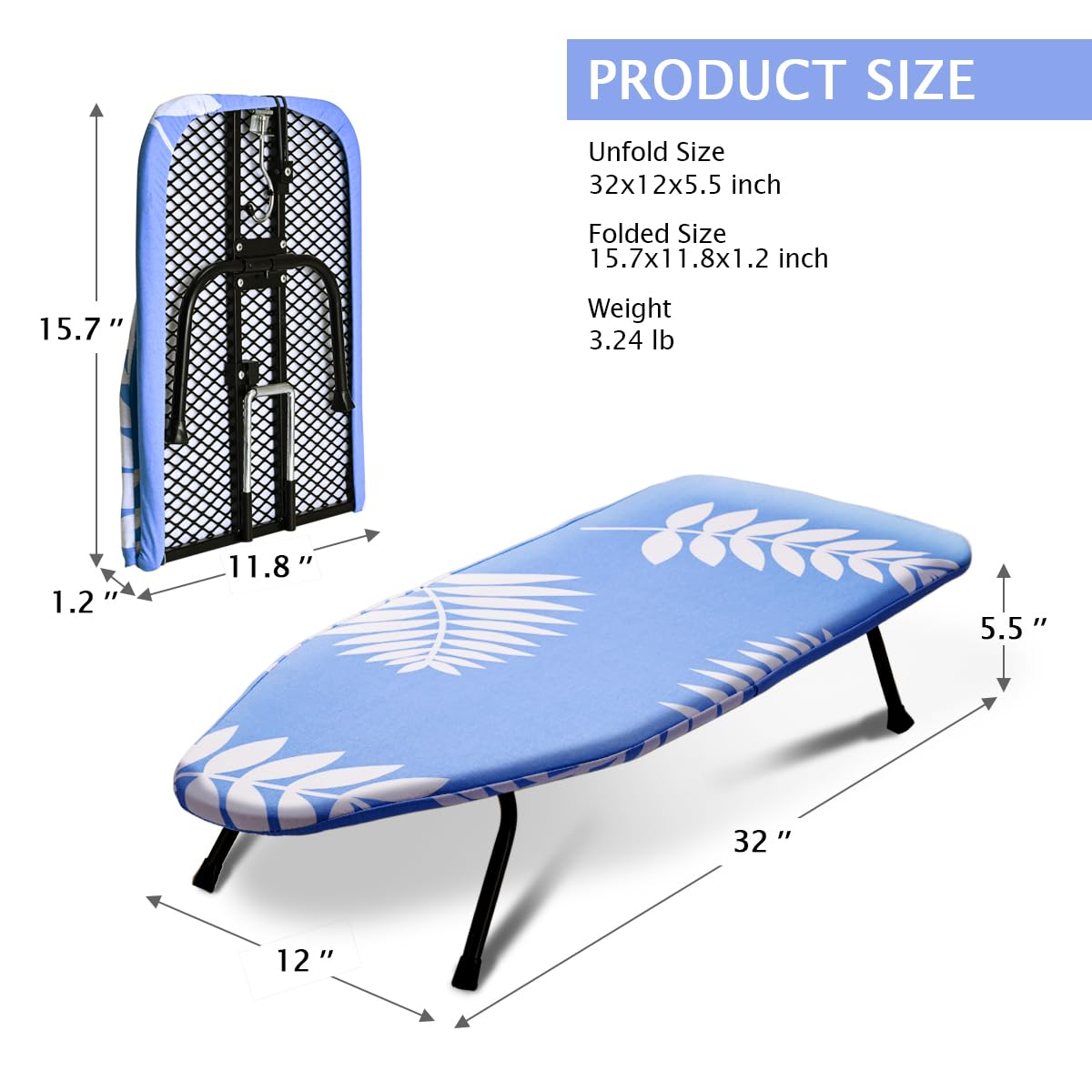 Sheechung Mini Ironing Board 12''X32'',Tabletop Ironing Board With Removable Cotton Cover And Pad,Mesh Metal Base Iron Table,Fol