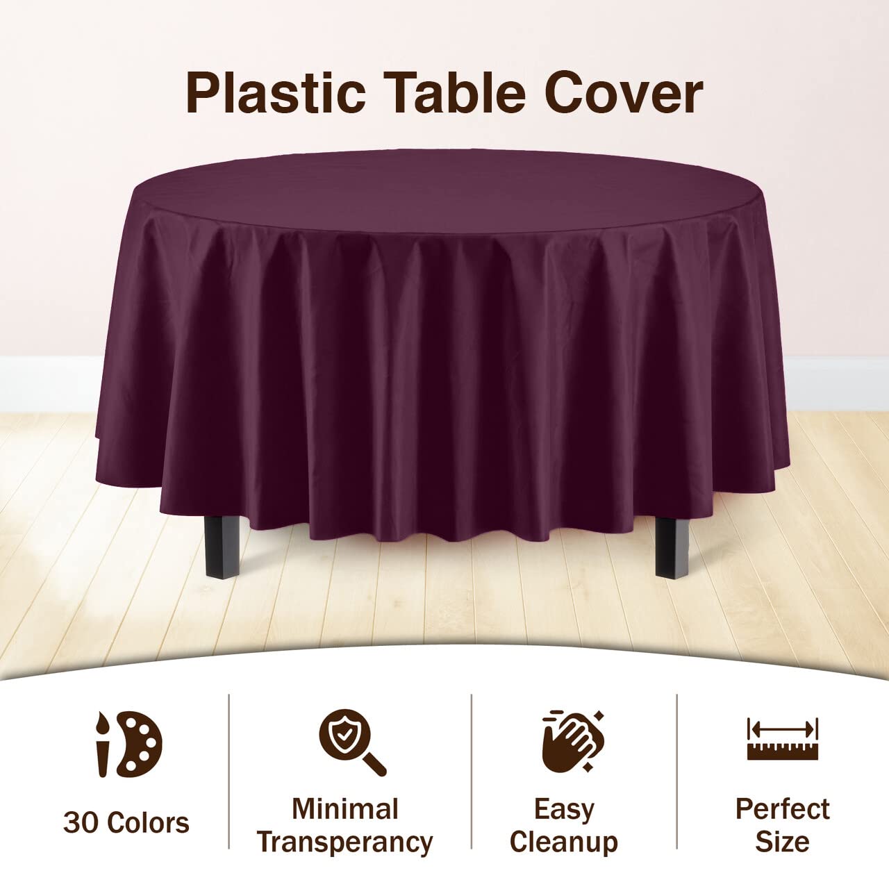 Exquisite 6-Pack Premium Plastic Tablecloth 84In. Round Plastic Table Cover - Plum