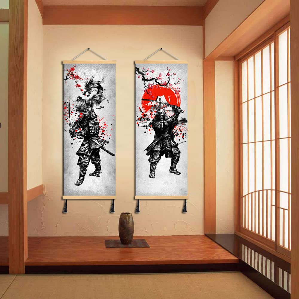 Mboufoey 2 Pieces Vintage Style Ancient Japan Warrior Dragon And Fuji Mountain Canvas Samurai Wall Art Print Poster Black And Wh