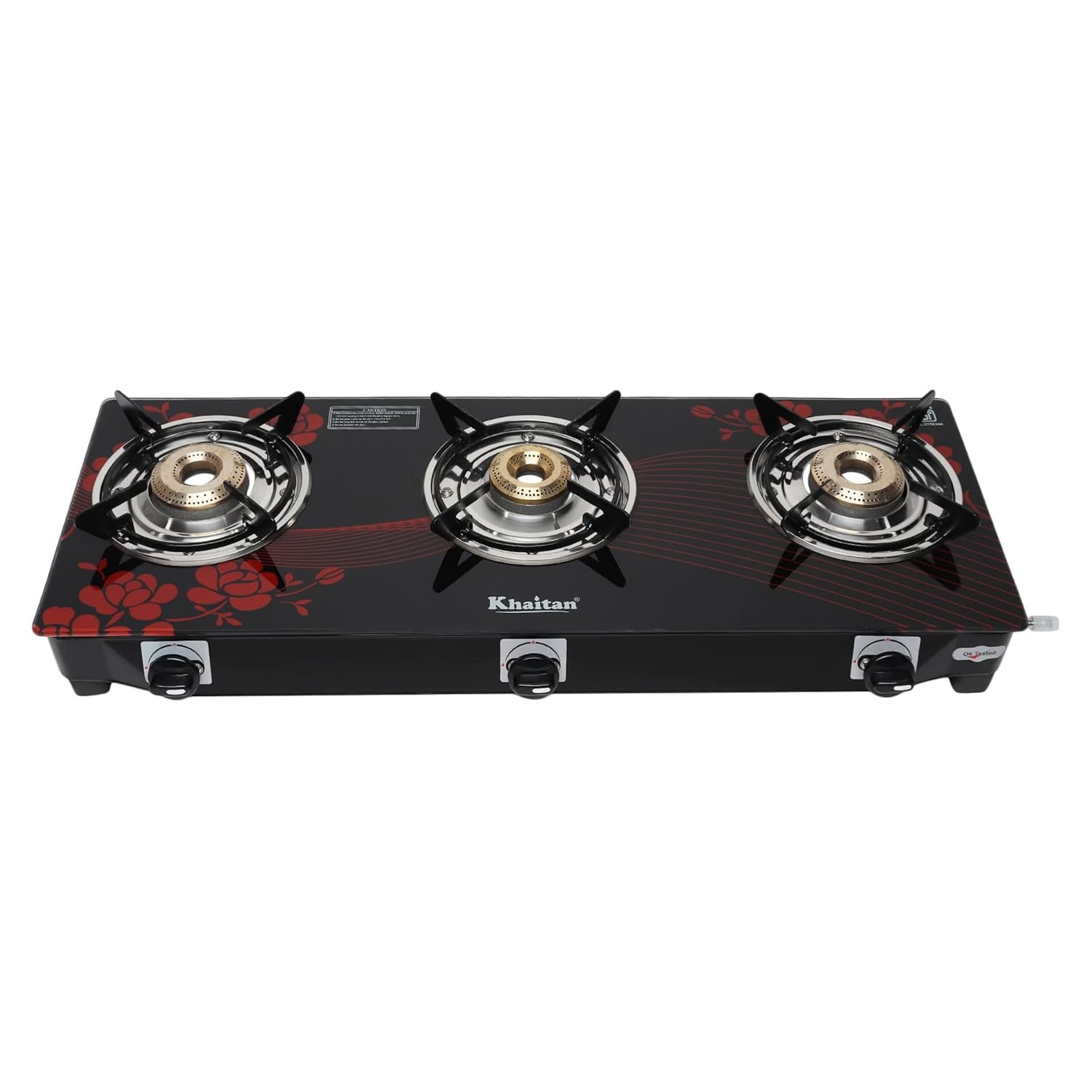 Khaitan 3 Burner Bp Red Digital Toughend Glass Manual Gas Stove (3 Burners)