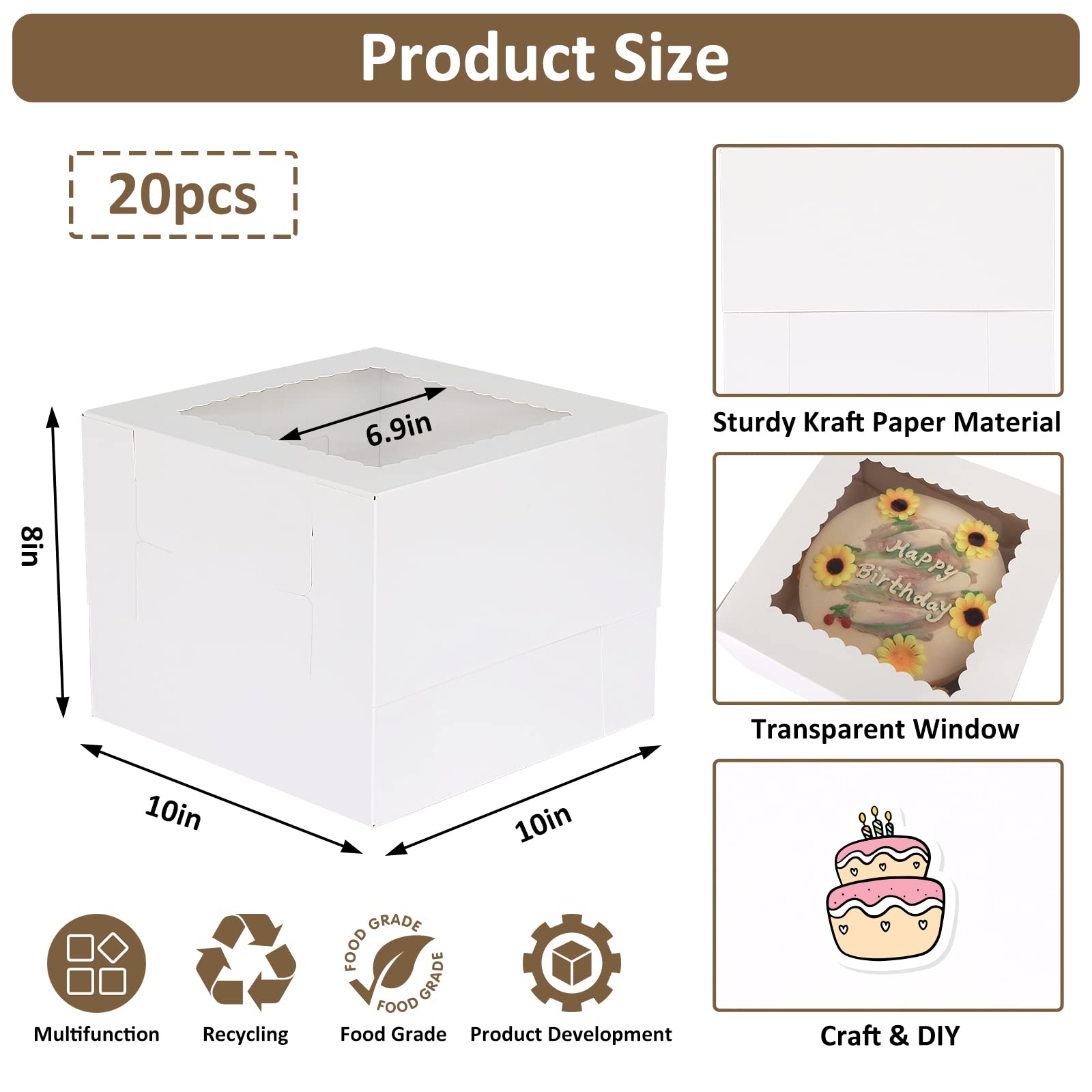 Moretoes 20pcs 10x10x8 Inches Cake Boxes with Windows White Bakery Boxes Pastry Boxes Disposable Cake Containers for Cakes  Pastries  Pies  Dessert