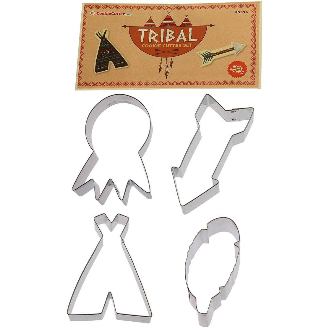 Foose Brand - Tribal Cookie Cutter 4 Pc Set - 4.5'' Feather, 4'' Teepee, 4.5'' Arrow, 4.5 Dream Catcher Cookie Cutters And Recip