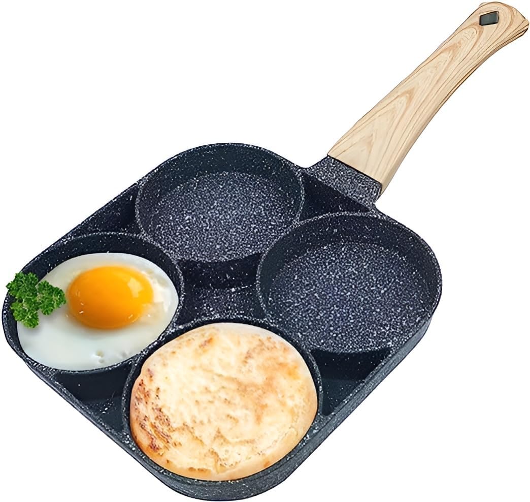 Uplevelbucket 4Hole Non Stick Egg Frying Pan With Detachable Wooden Handle, MultiPurpose Pan For Omelette, Uttapam, Idli, Burg