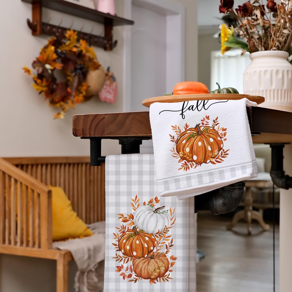 Arkeny Fall Kitchen Towels Set Of 2,Orange Pumpkin Grey Buffalo Check Autumn Dish Towels 18X26 Inch Drying Dishcloth,Farmhouse H