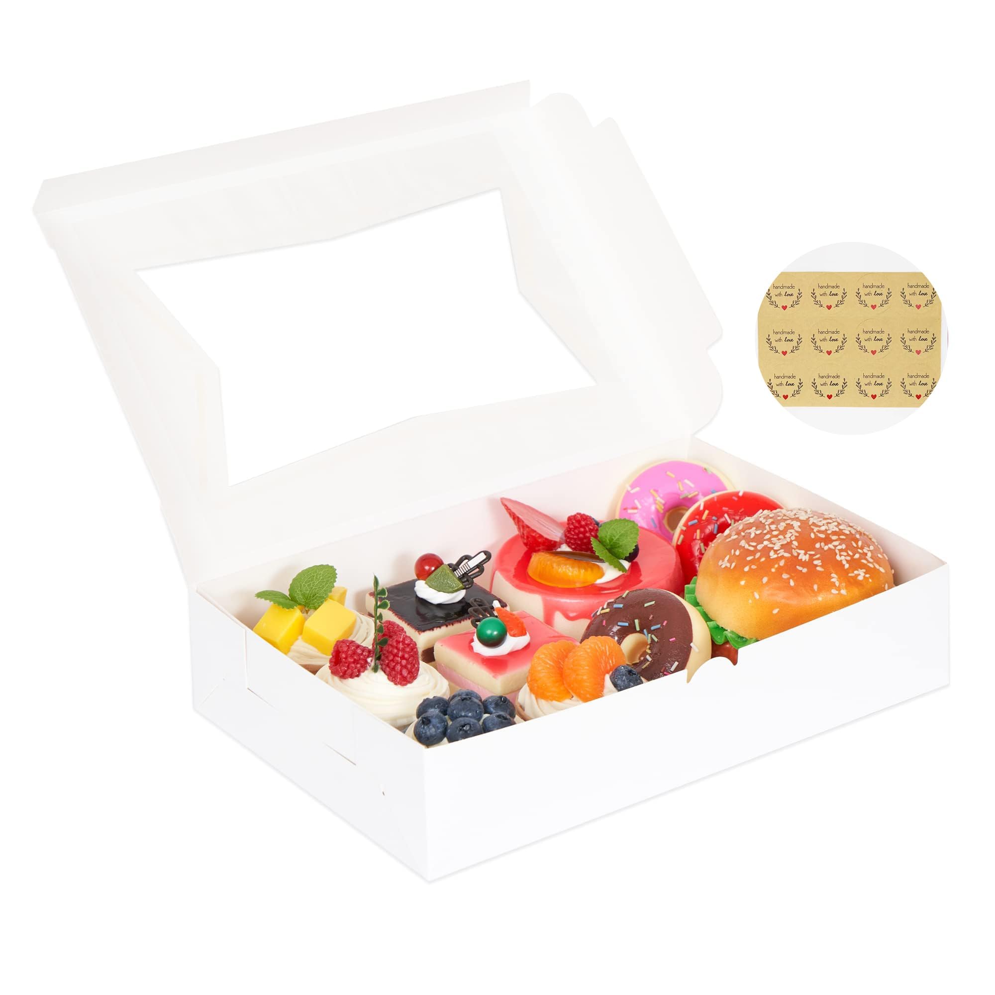 Yeplan 10-Pack Bakery Boxes with Window, 12x8x2.5 Inch Cookie Boxes, White Treat Boxes for Donuts, Muffins, Pies, Chocolates - D