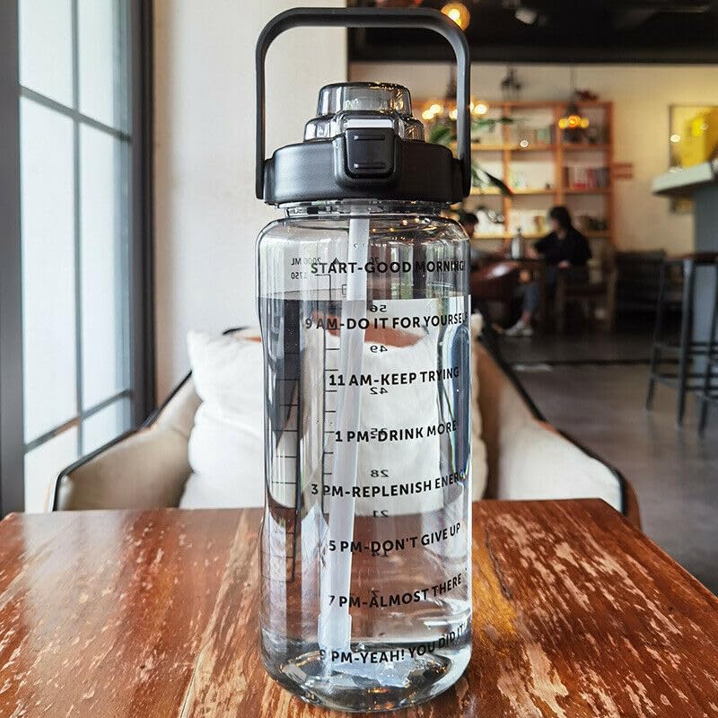MSRIBYIQ Large Capacity 2L Sports Water Bottle with Straw, Portable and Leakproof, Featuring Time Marker-Bk