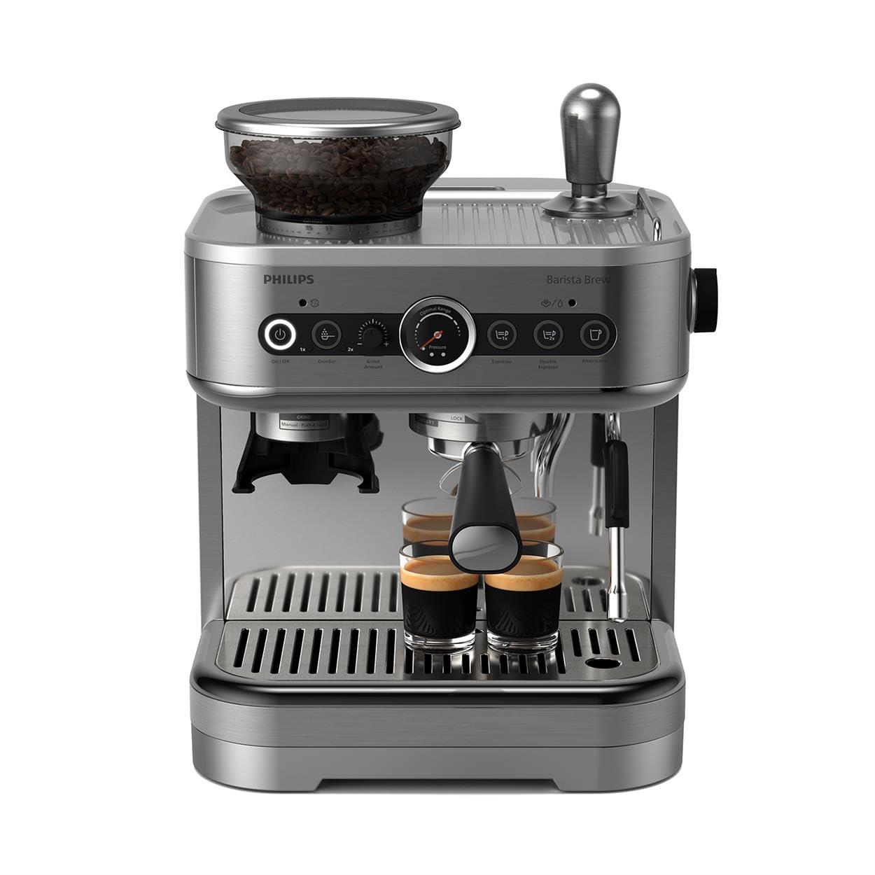 Philips Barista Brew Semi Automatic Espresso Machine - Single & Double Espresso + Americano Button, 250G Bean Container + Grinde