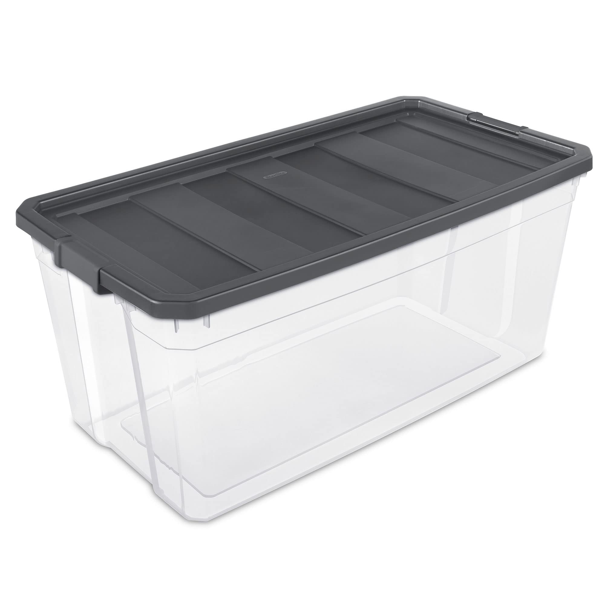 Sterilite 200 Quart Plastic Stacker Box, Lidded Storage Bin Container For Home And Garage Organizing, Shoes, Tools, Clear Base &