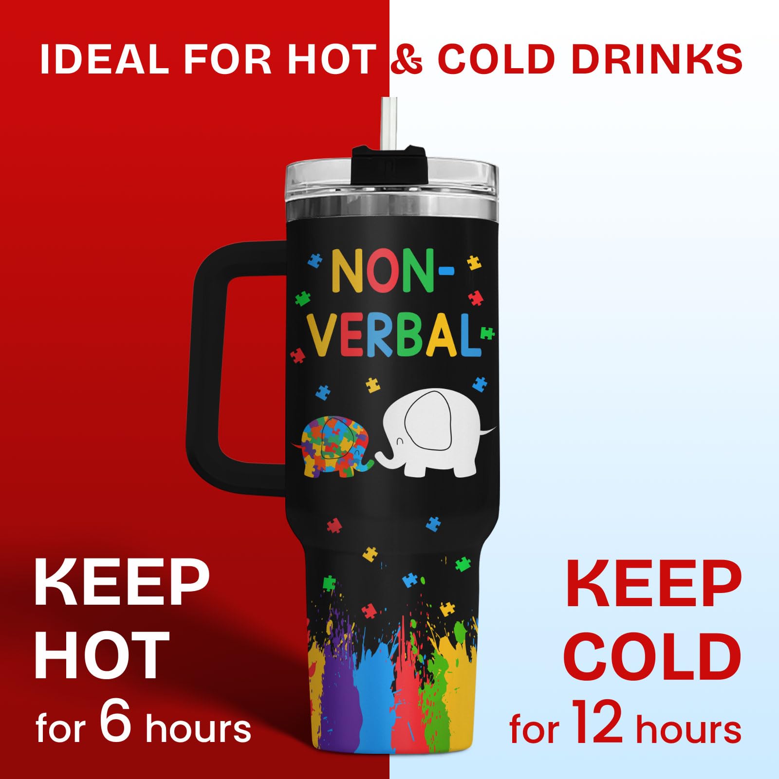 34HD Elephant Autism Tumbler with Handle and Straw, Autistic Mom Coffee Cup 40oz, Inspirational Autism Awareness Gifts for Women