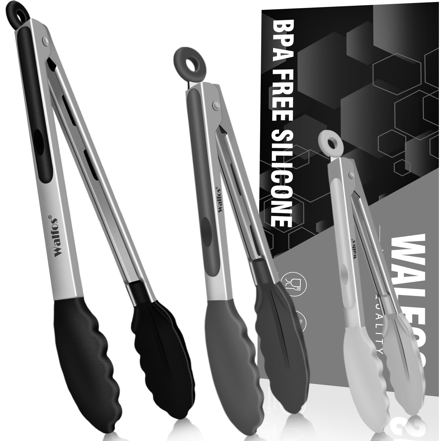Walfos Silicone Tongs For Cooking - Heat Resistant Kitchen Tongs Set Of 3 For Cooking, Grilling, Turning, Stainless Steel And Bp