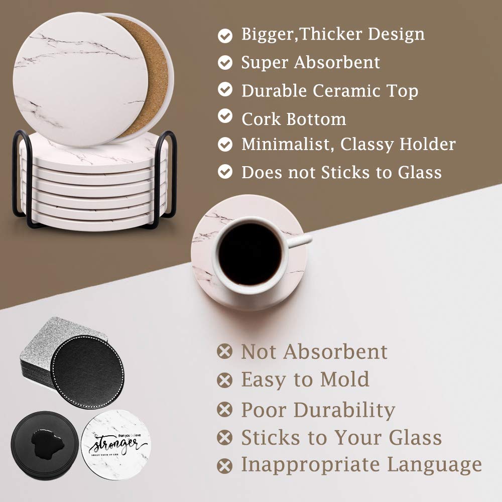 Coasters for Drinks  Absorbent Ceramic Stone Coasters Set with Metal Holder Stand  Cork Base  Marble Surface Pattern  Cups Place Mats for Home Decor  Set of 6 - White
