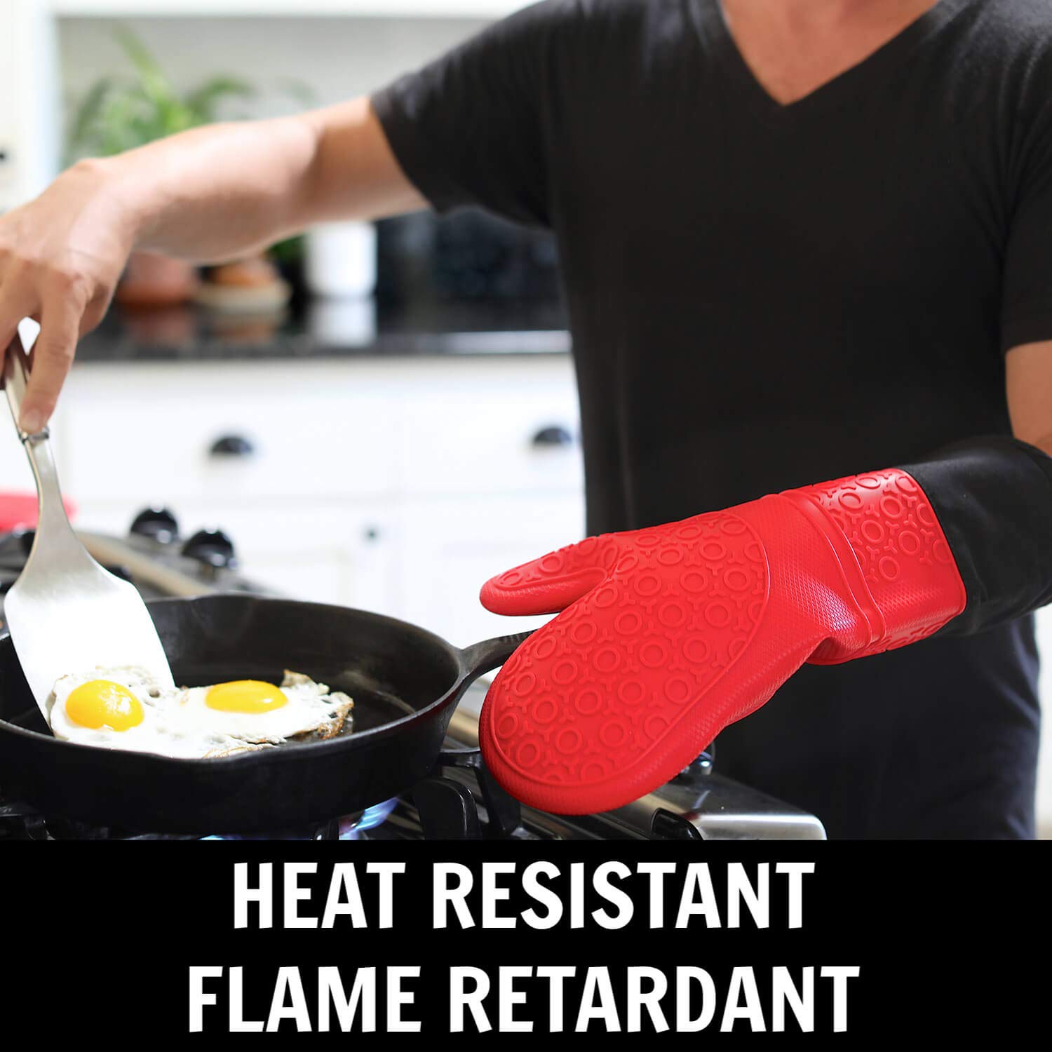 Homwe Silicone Oven Mitts and Potholders (4-Piece Sets) Heavy Duty Cooking Gloves, Kitchen Counter Safe Trivet Mats | Advanced H