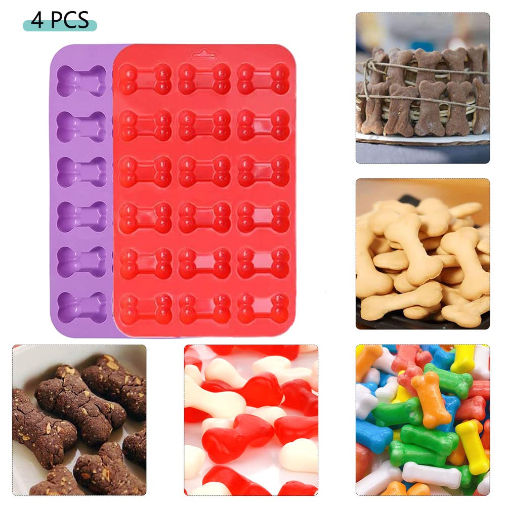 Pivhwir Bone Silicone Molds, Food Grade Non-Stick Silicone Molds For Chocolate, Candy, Dog Treats, Jelly, Ice Cube (4 Pcs, Red+P