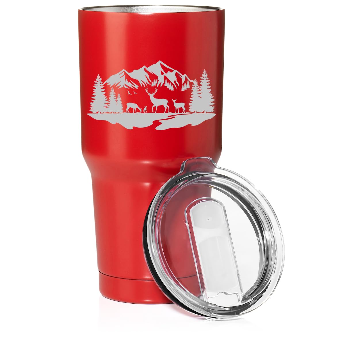 Smooth Body Tumbler Stainless Steel Vacuum Insulated Travel Mug Cup Gift Deer Mountain Forest River Scene (30 oz, Red)